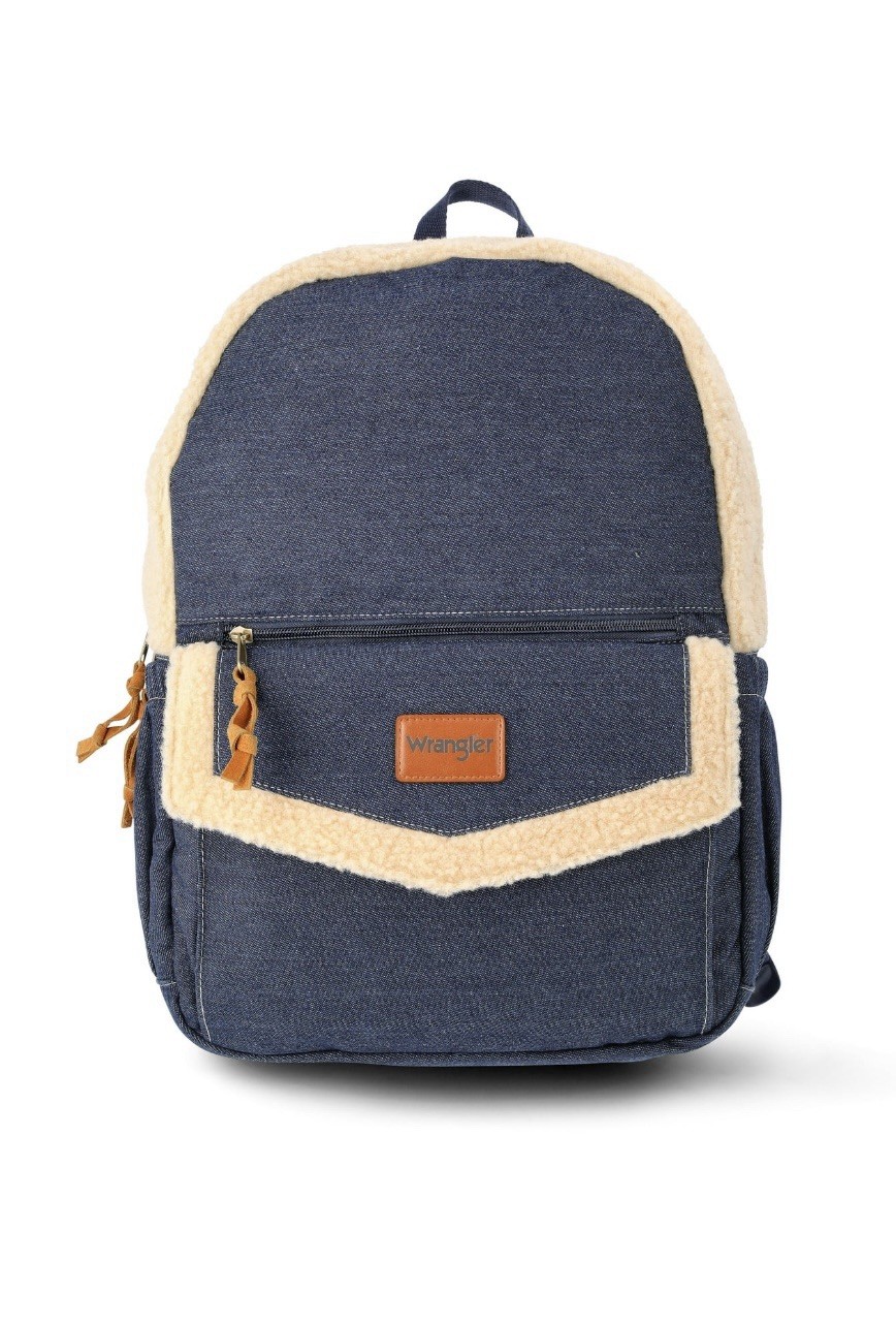 Wrangler Men’s and Women’s Denim and Shearling 17″ Laptop Backpack, Blue