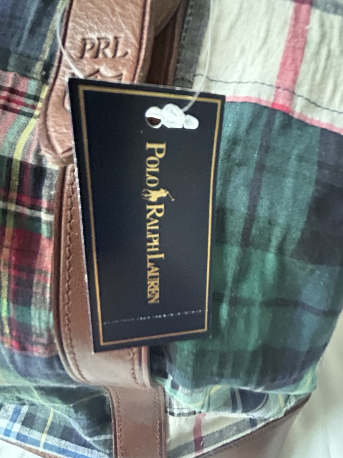Ralph Lauren Plaid Fabric And Brown Leather Tote Bag New With Tag