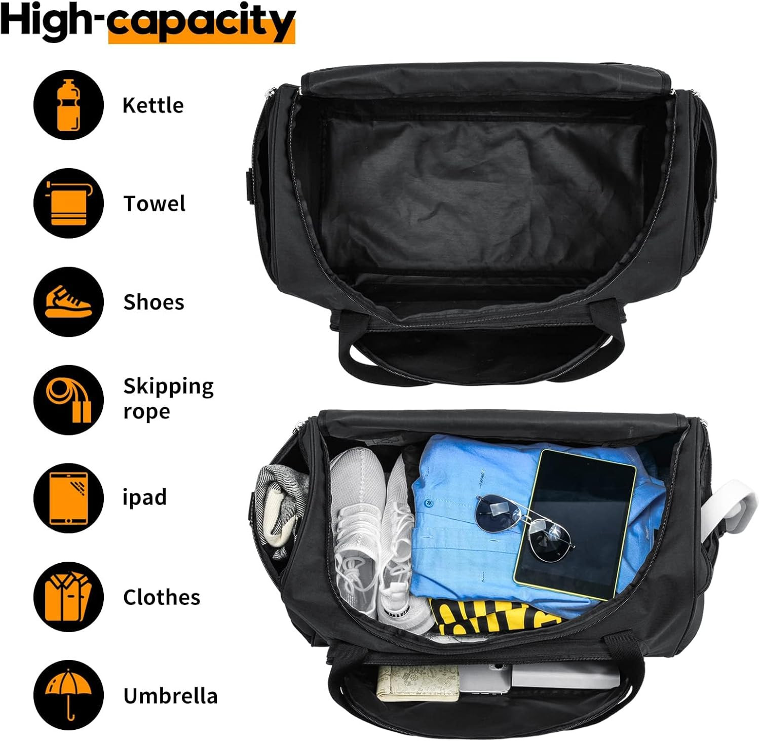 Gym Bag for Men – 50L Black Durable Large Duffle Bag for Travel, Workout, Fitnes