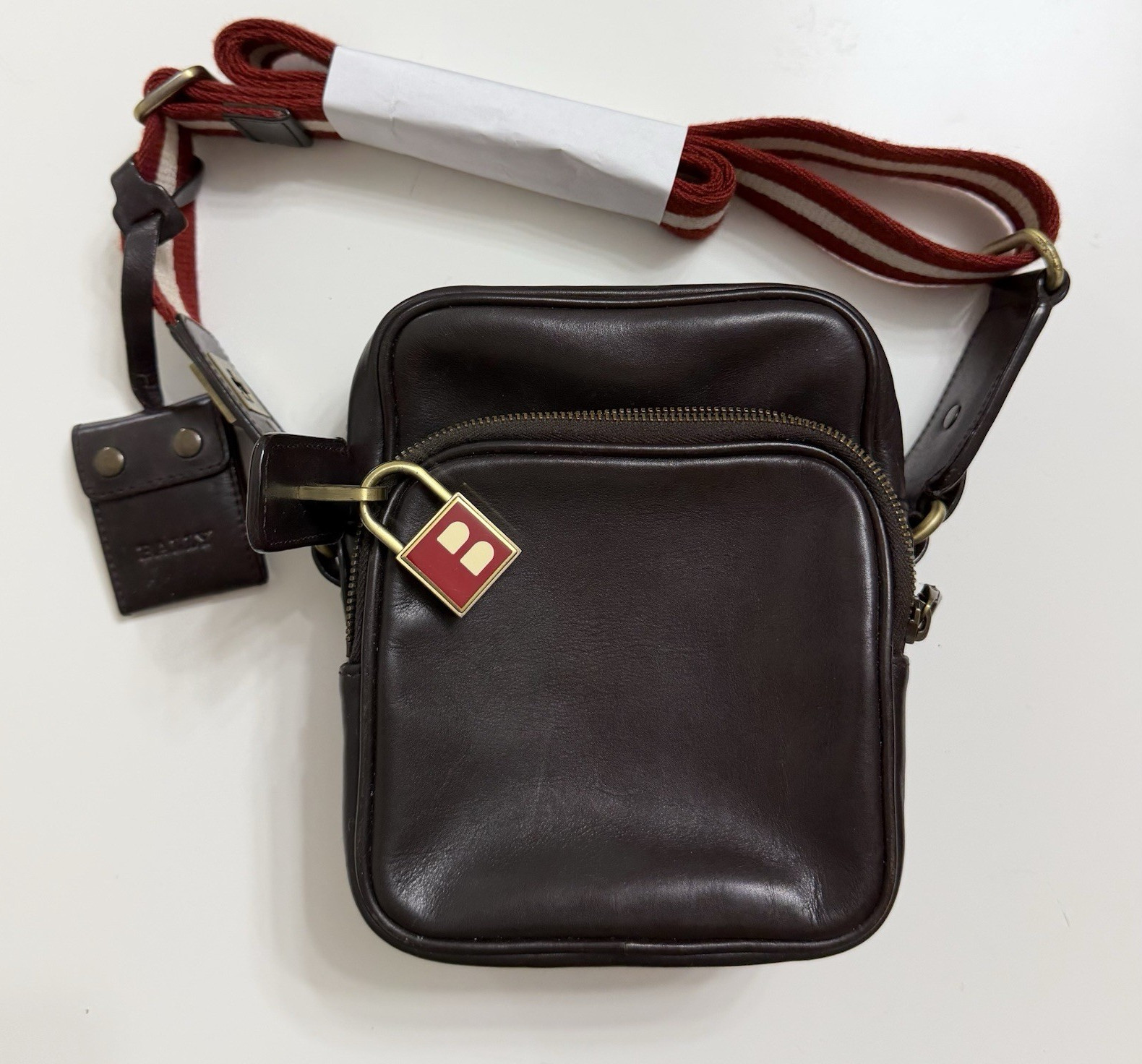 BALLY Brown Crossbody Bag Striped Adjustable Strap w/BALLY Lock and keys Clean!