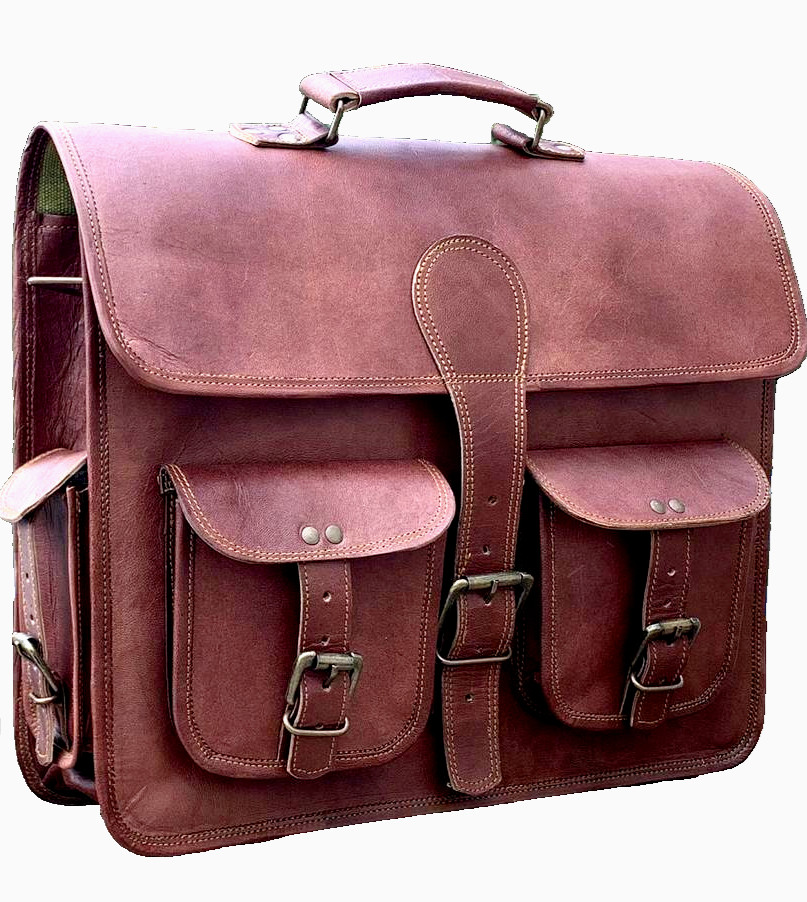 18″ Men Brown Leather Laptop Briefcase Shoulder Messenger Crossbody Backpack Bag