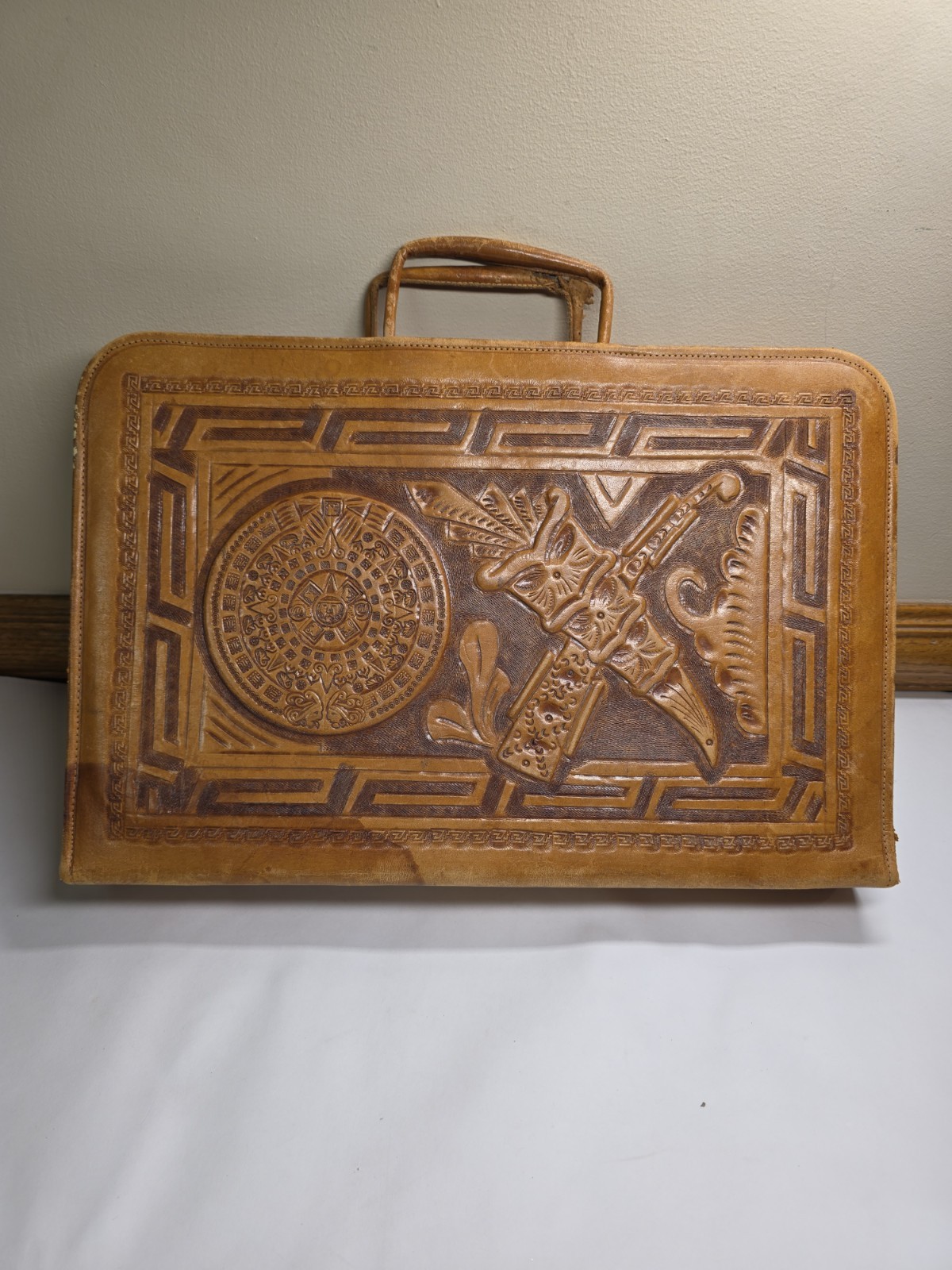 Vintage Mexico Artmex Tooled Leather Aztec Briefcase