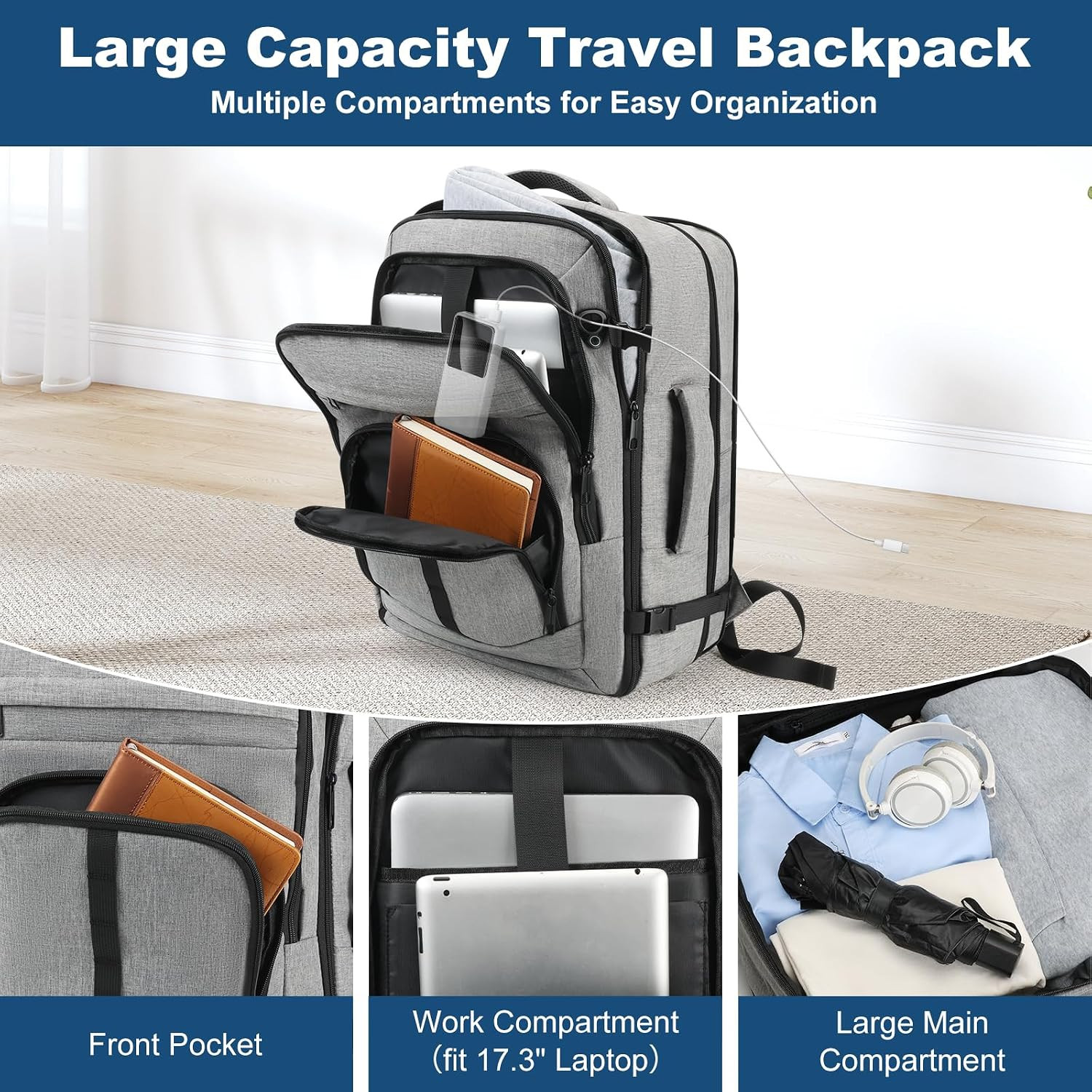 Travel Backpack,Carry on Backpack Expandable 40-50L with USB Cable Port,Fits 17.