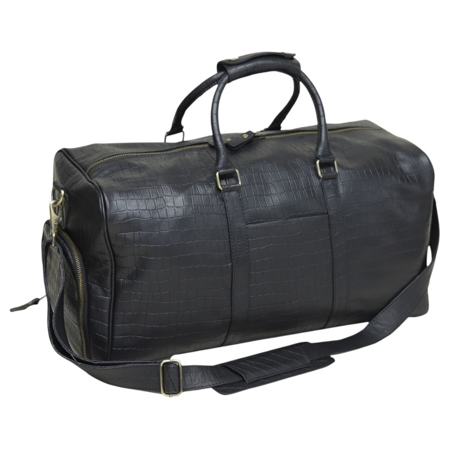 Leather Duffel Handbag For Men Crocodile Pattern Handmade Weekender For Travel