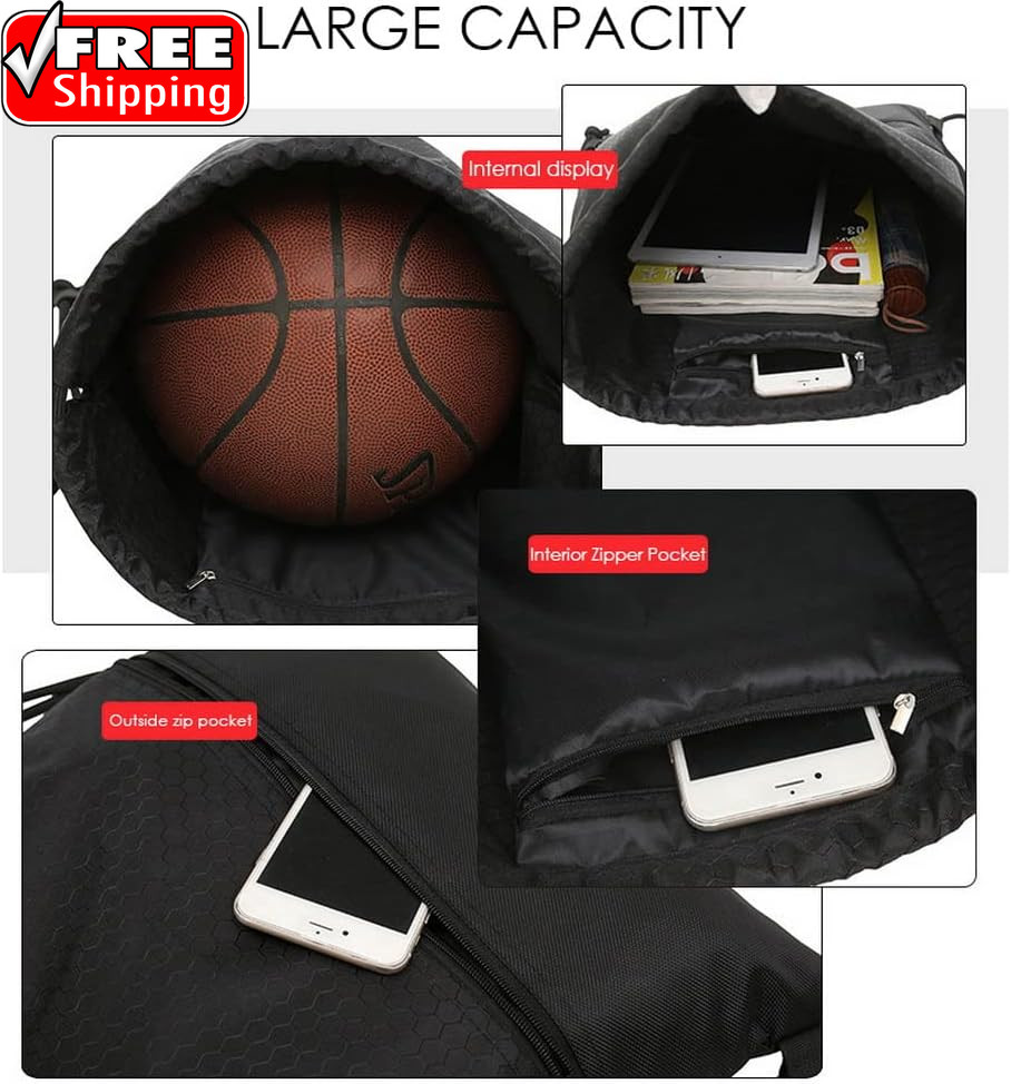 Drawstring Backpack Bag, Waterproof Draw String Back Sack with Zip Pocket, Gym D