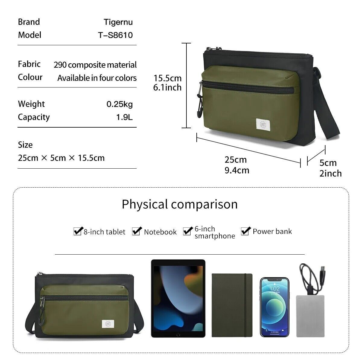 Men Shoulder 7.9inch Lightweight Crossbody Casual Sling Bag Waterproof Handbag