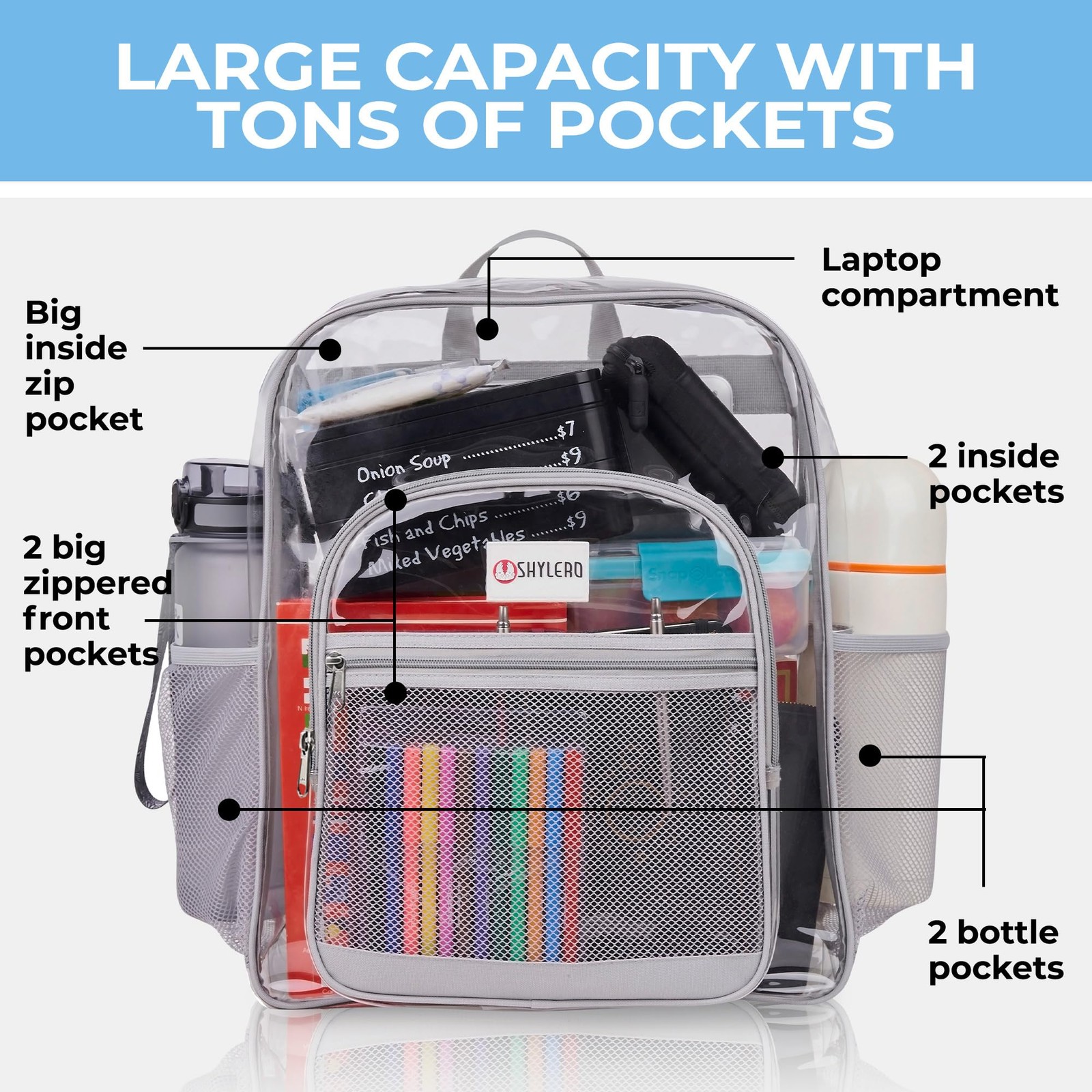 Light Gray Extra Large Heavy Duty PVC Transparent Clear Backpack 18x14x8″