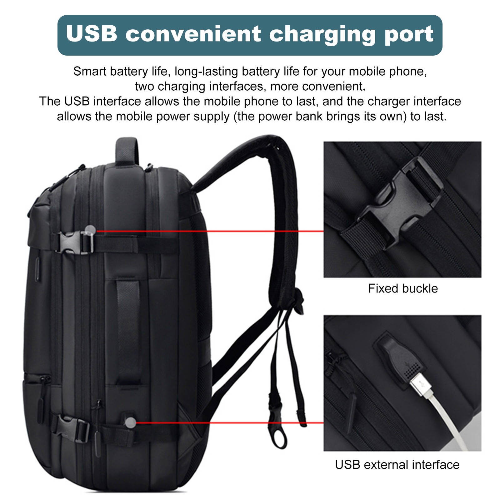 Waterproof Expandable Backpack USB Port Anti Theft Lock 18.9×11.8×6.3in