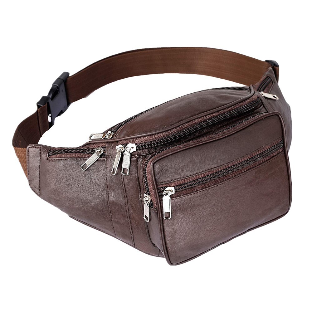 Genuine Leather Multi Zippered Fanny Pack Waist Bag Hip Belt Purse Outdoor Pouch