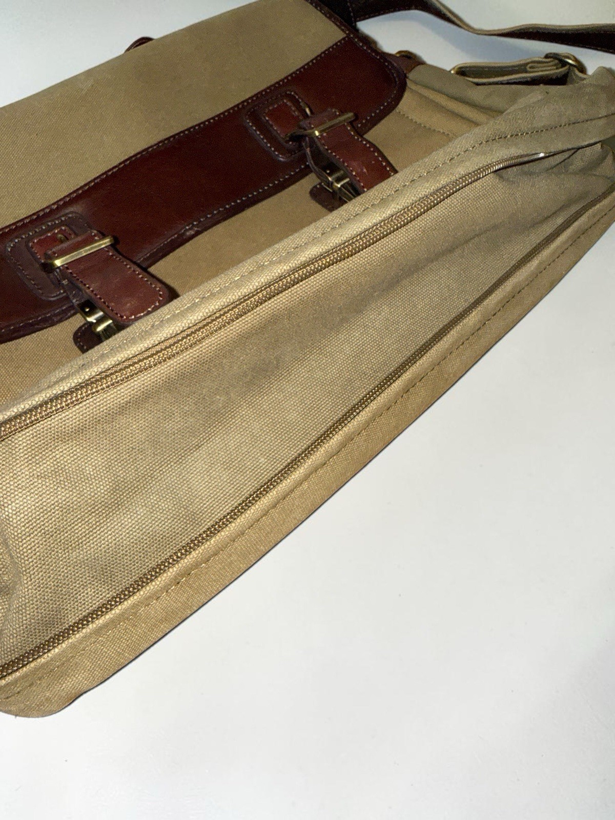 Bosca Leather & Canvas Messenger Bag Briefcase Tan & Brown Attache Laptop Work