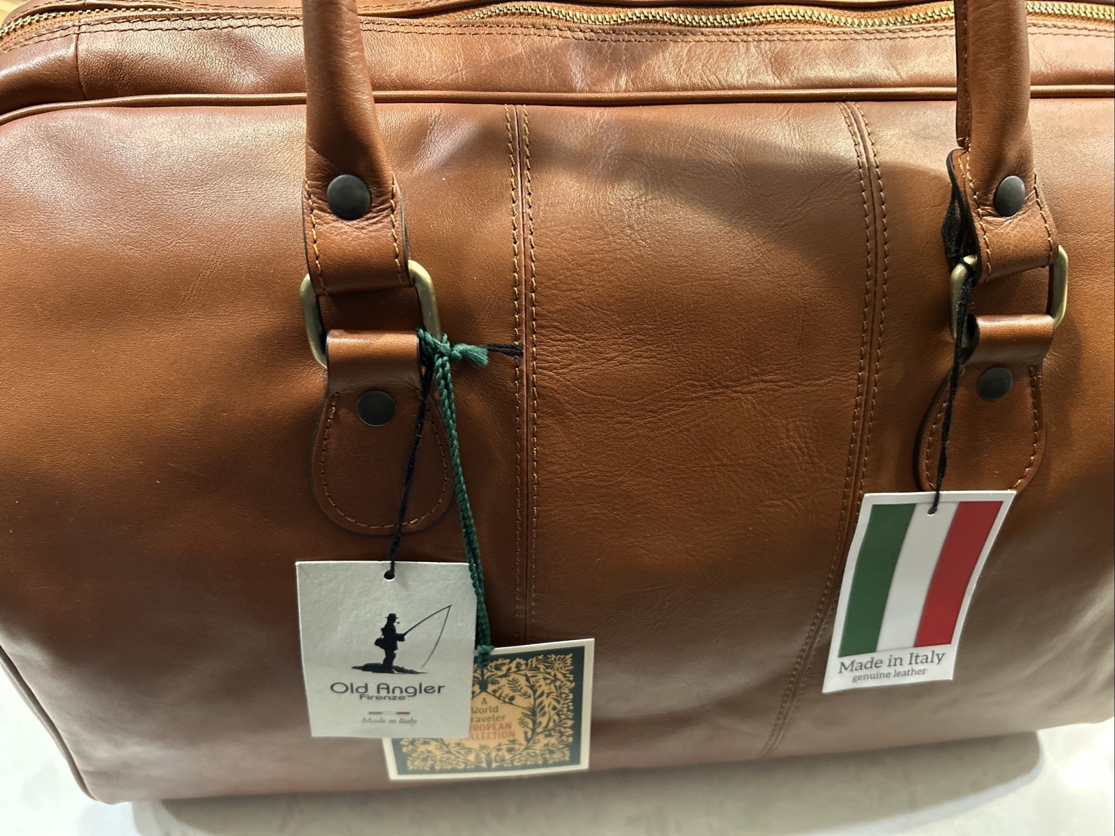Old Angler Italian Leather Duffle Chestnut Weekender Bag Shoulder Strap & Dust C
