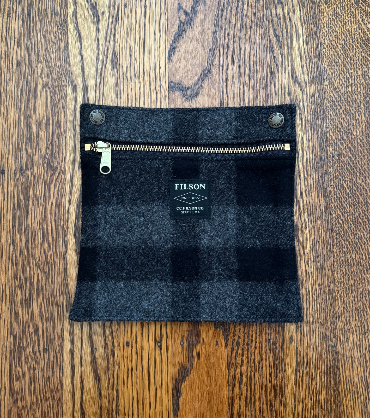 Filson Wool Zip Pouch Snap-In Backpack Organizer YKK Zipper Charcoal Plaid
