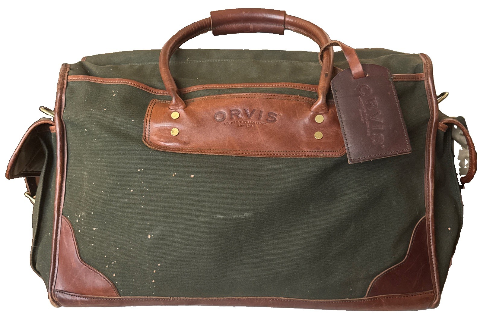Vintage Orvis Leather/Green Canvis Duffle Bag W/Brown Leather Accents Ykk Zipper