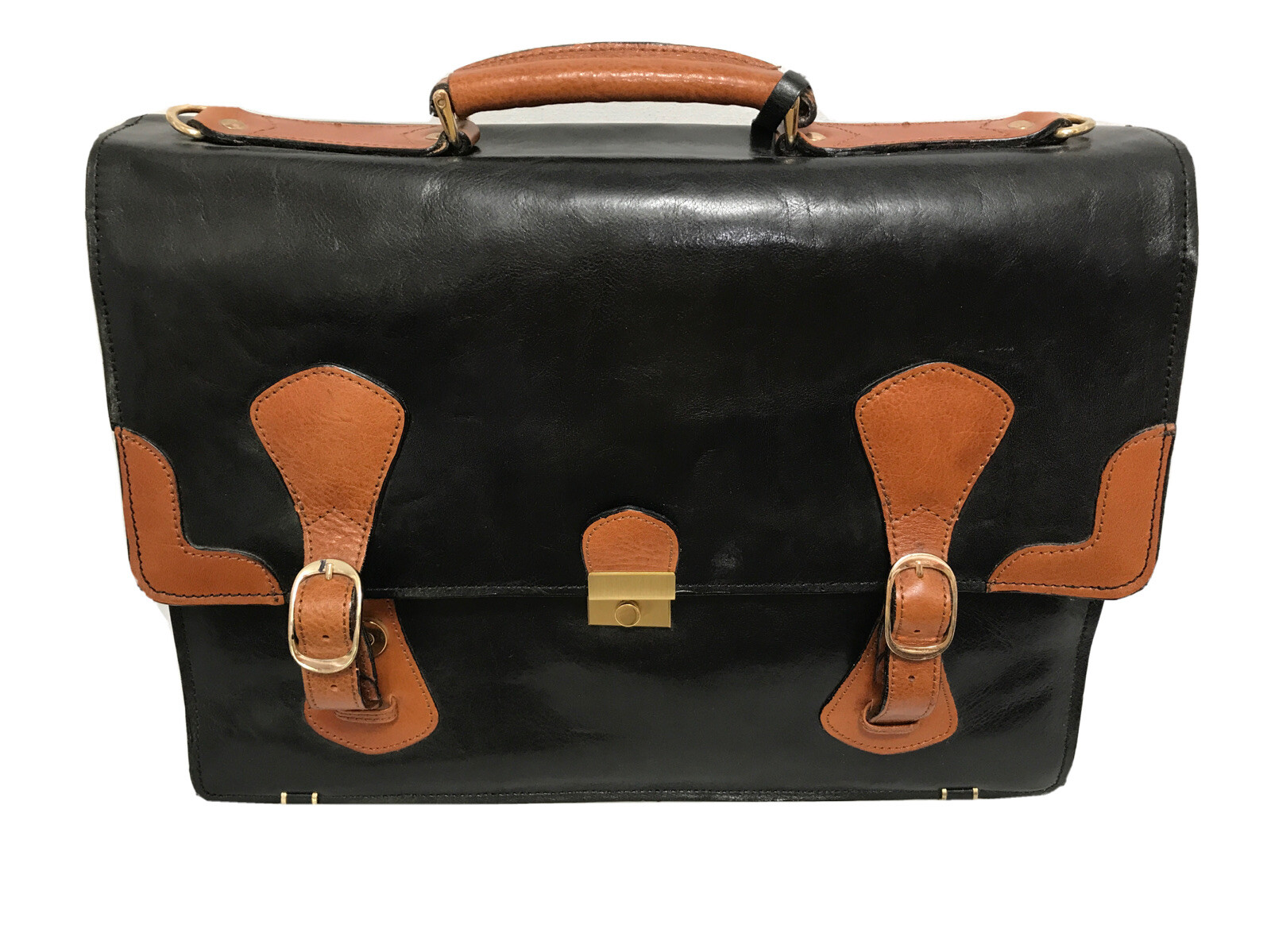 D’Hanis Black Leather Briefcase With Caramel Brown Accents