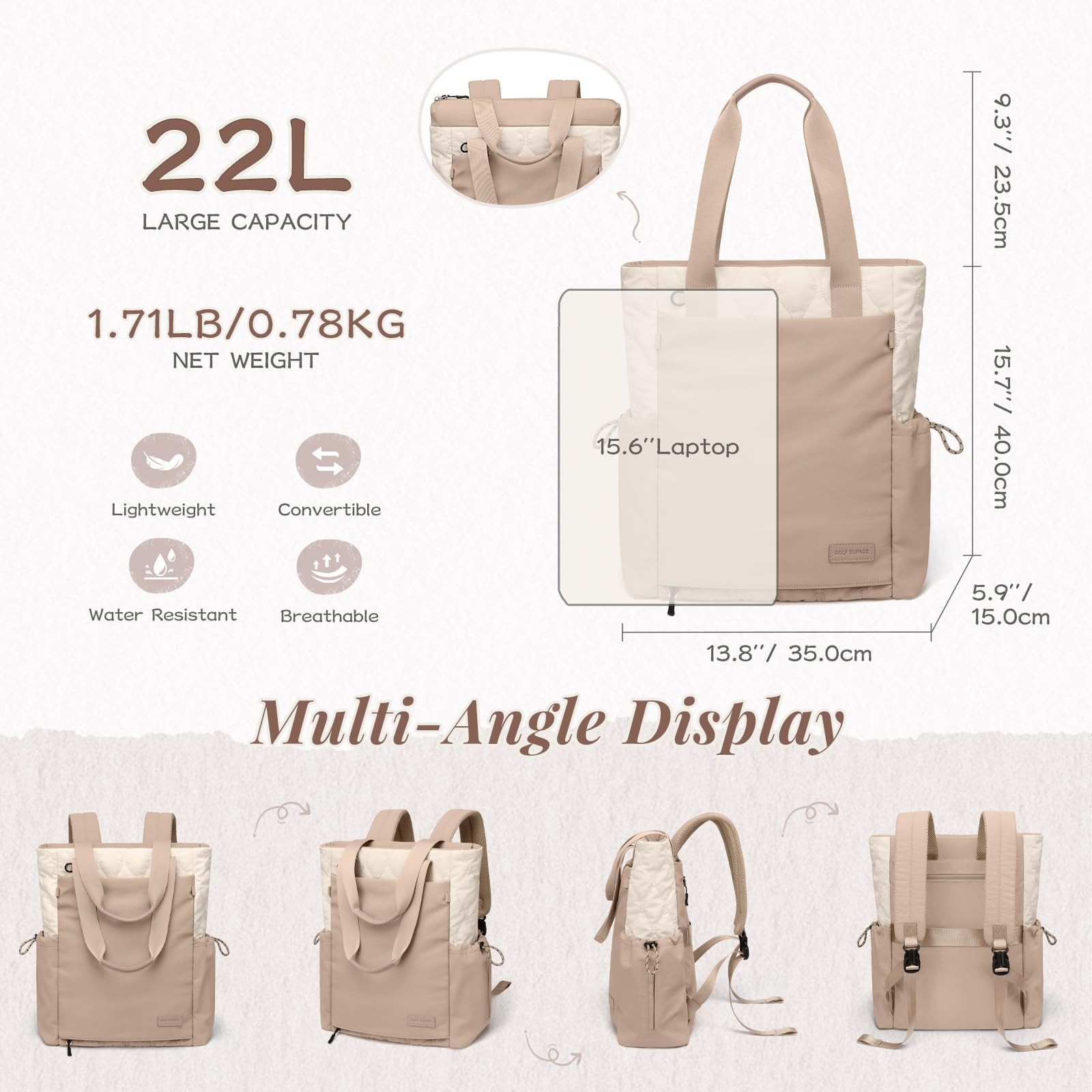 Convertible Laptop Backpack Yoga Sports Bag Quilted Tote Mat Carrier Beige