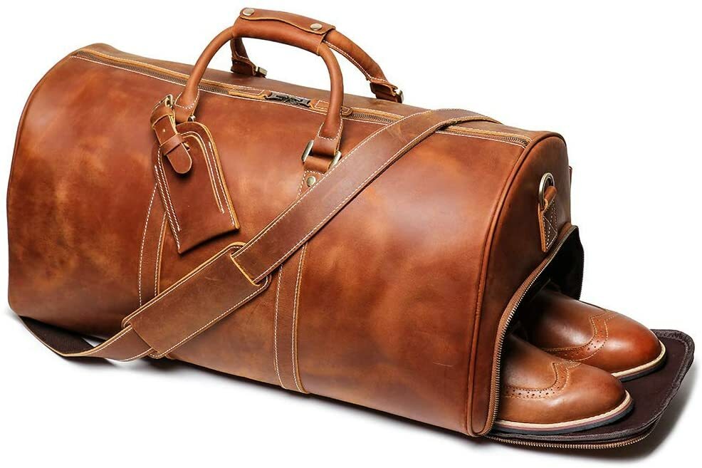 24 Inch Leather Duffel Bags for Men Full Grain Leather Travel Weekend Bag