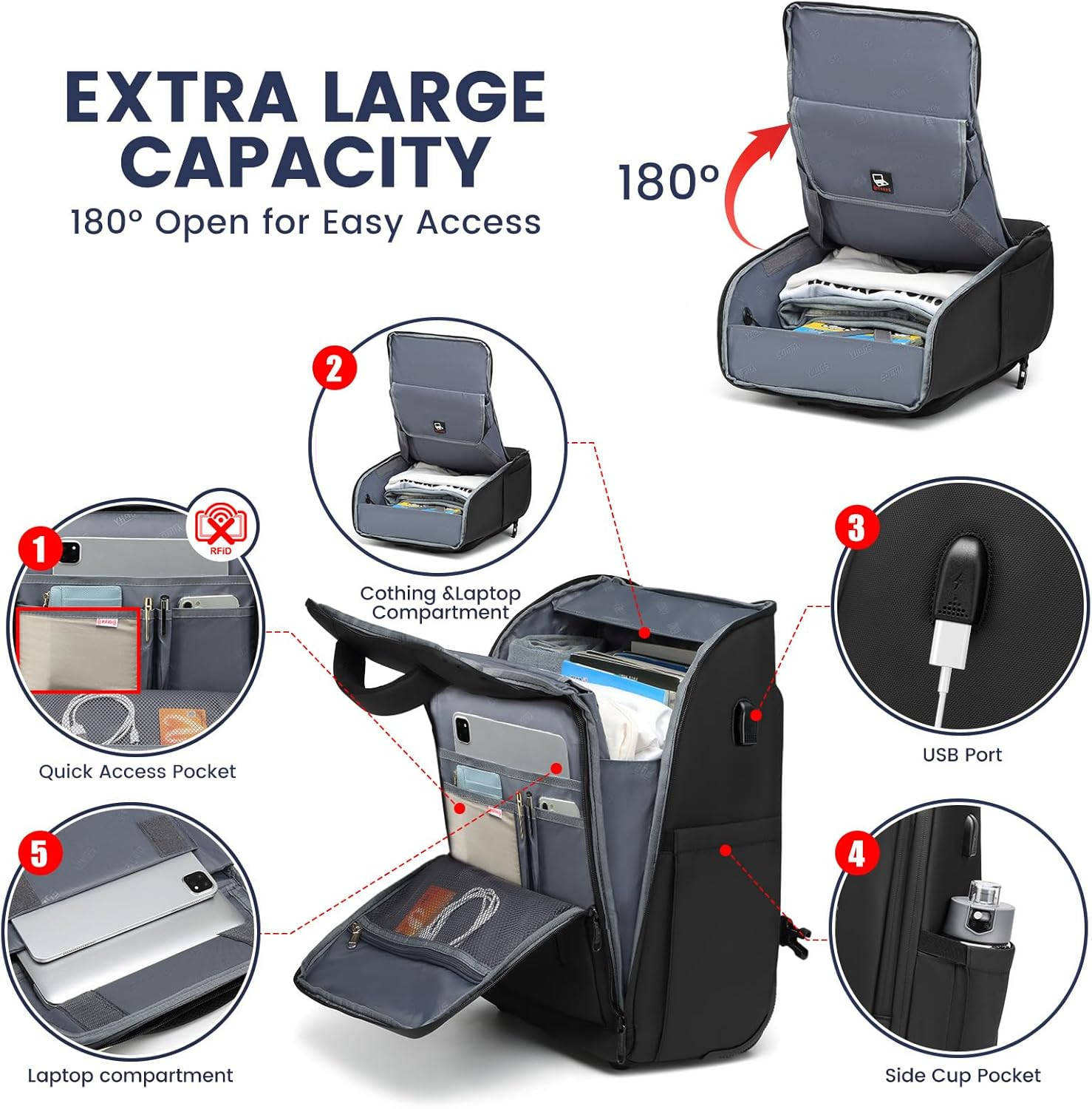 Rolling Backpack With Wheels 15.6 Inch Laptop Travel Bag USB Port Carry On