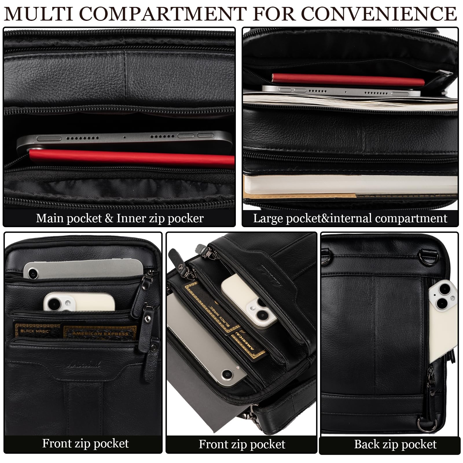 Ariscobull Leather Messenger Bag for Men, Small SIZE FOR IPAD MINI, Black