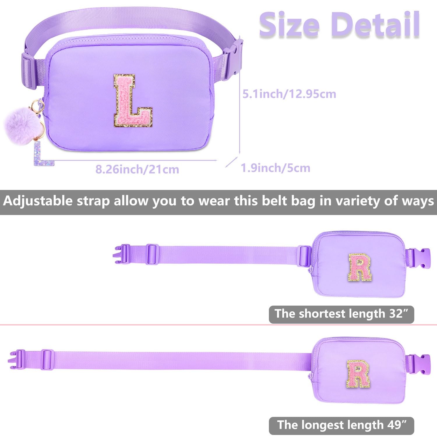 Belt Bag Fanny Pack for Girls – Women Initial Crossbody Medium, Purple