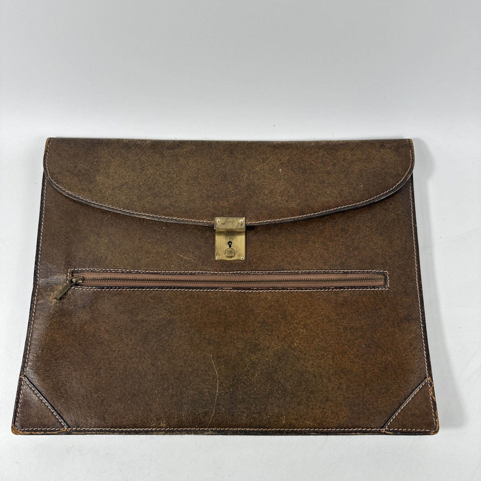 Vintage Gucci Leather Portfolio Bag in Brown Brass Gold-Tone Push Lock 1970s