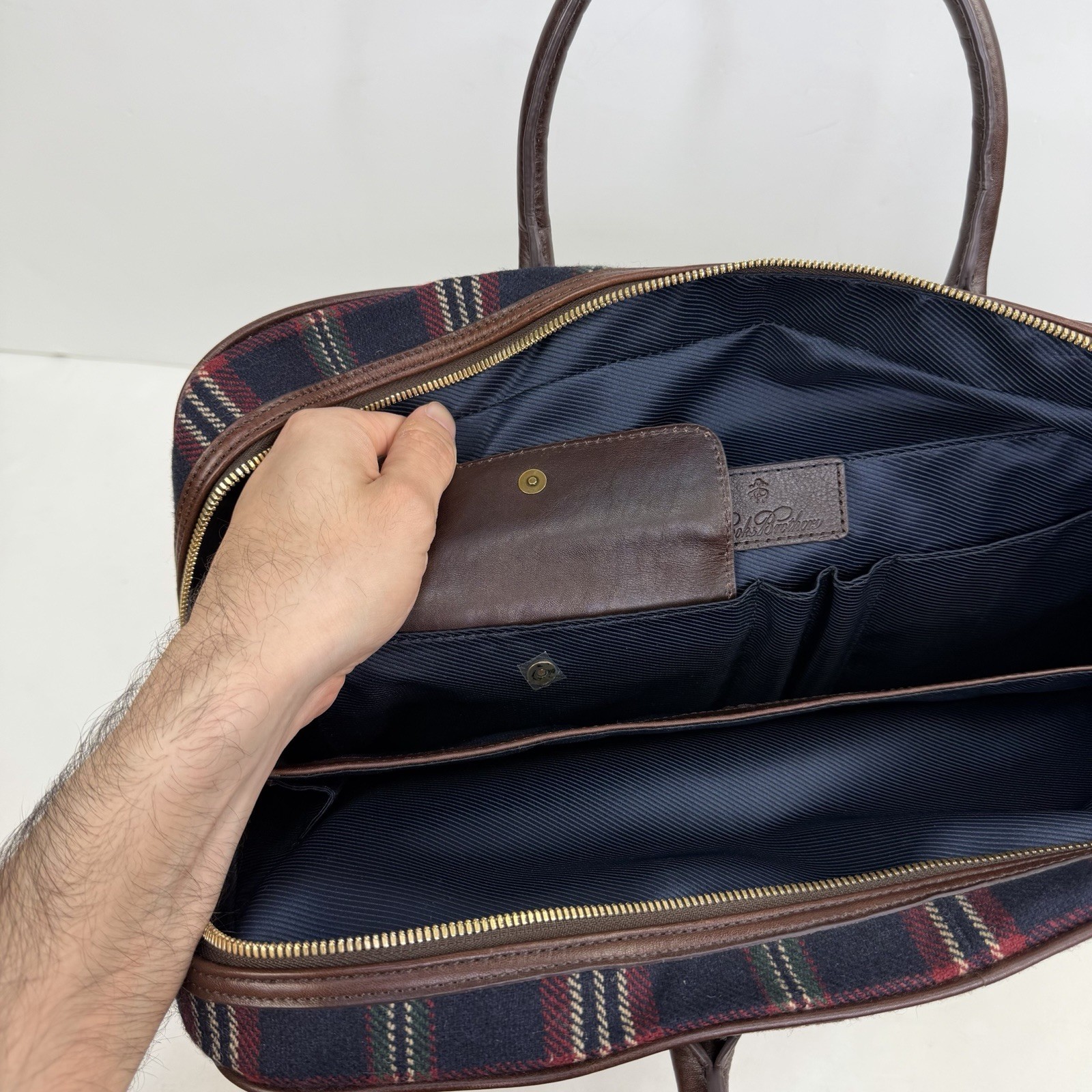 VTG Brooks Brothers Wool & Leather Briefcase Handle Bag Zipper Blue Plaid – 17”