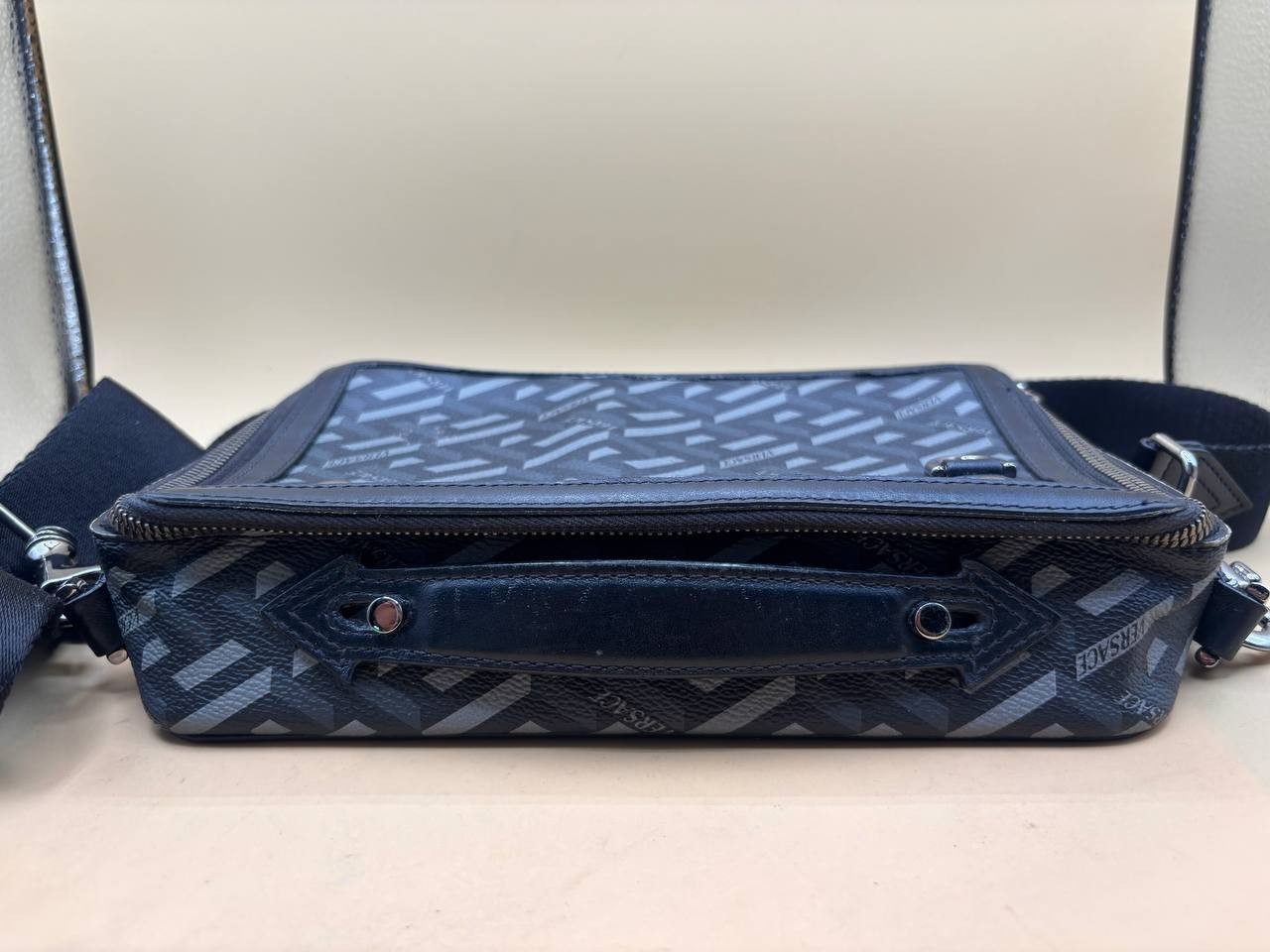 Versace Coated Canvas La Greca Signature Messenger Bag Black Gray PH9
