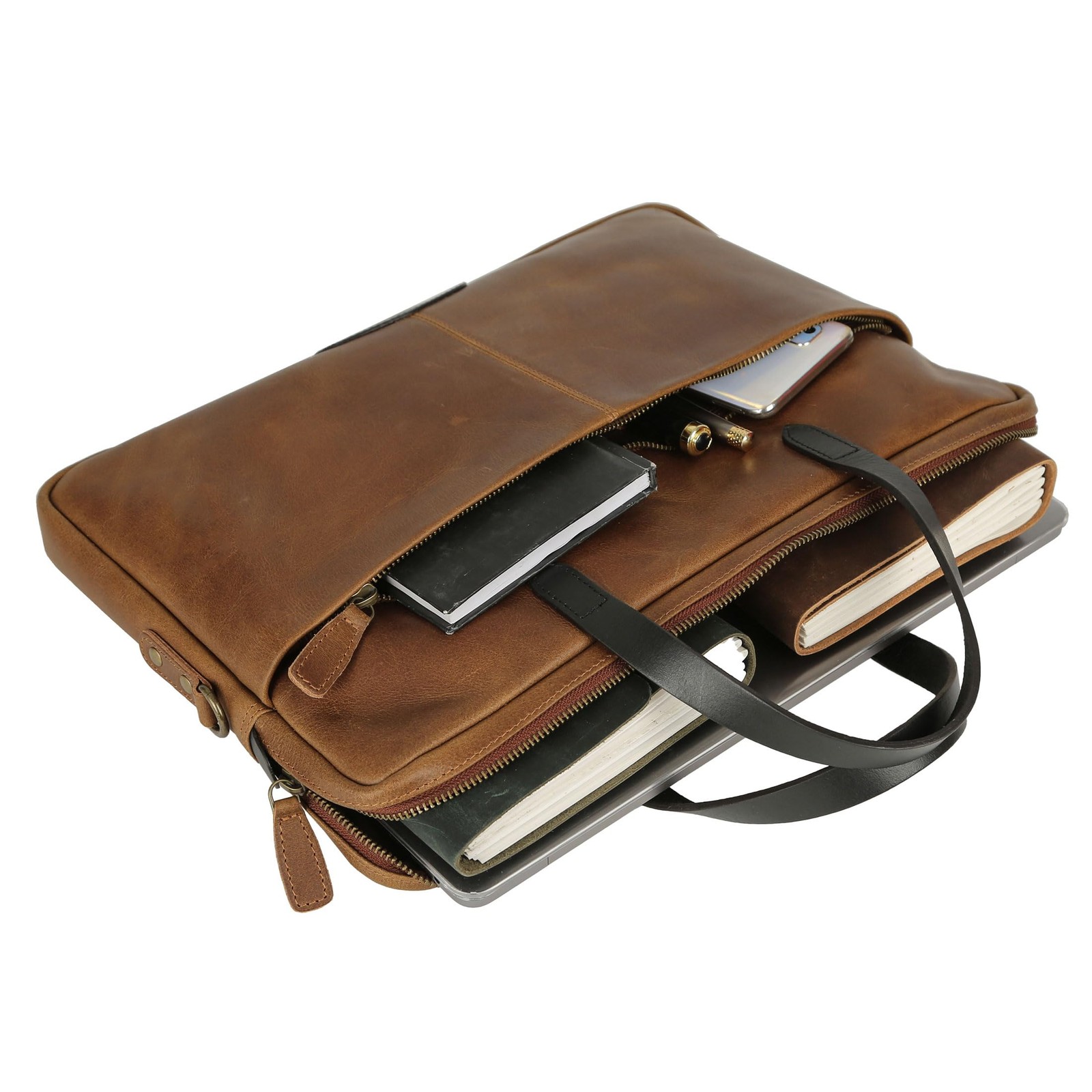KomalC 15 5 Inch Leather Laptop Sleeve with Trolley Strap Slim Genuine Leathe
