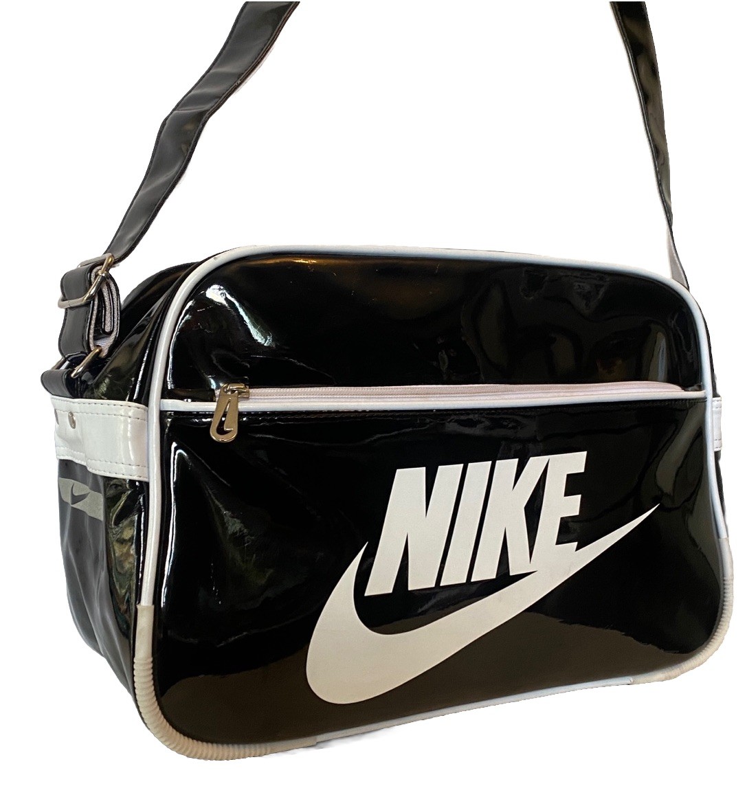 Vtg 90s Y2k Nike Patent Leather Messenger Gym Bag Side Body Black White Swoosh