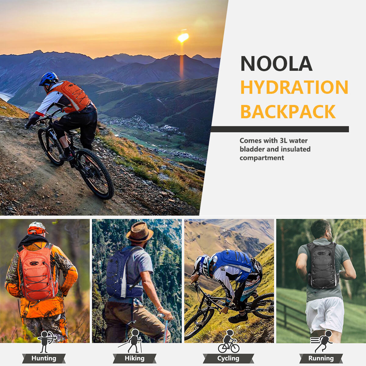 3L Water Bladder Bag Hydration Backpack Hiking Camping Cycling Outdoors – Orange