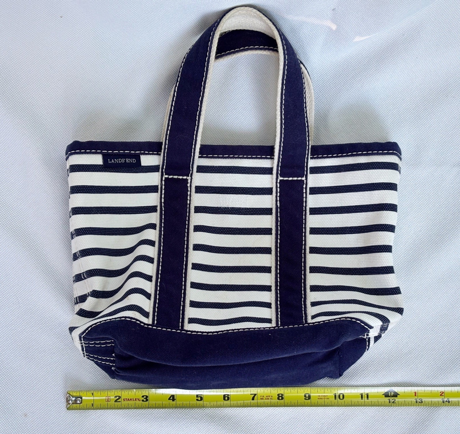 Lands’ End Canvas Tote Bag Navy White Striped Open Top Beach Preppy 12”