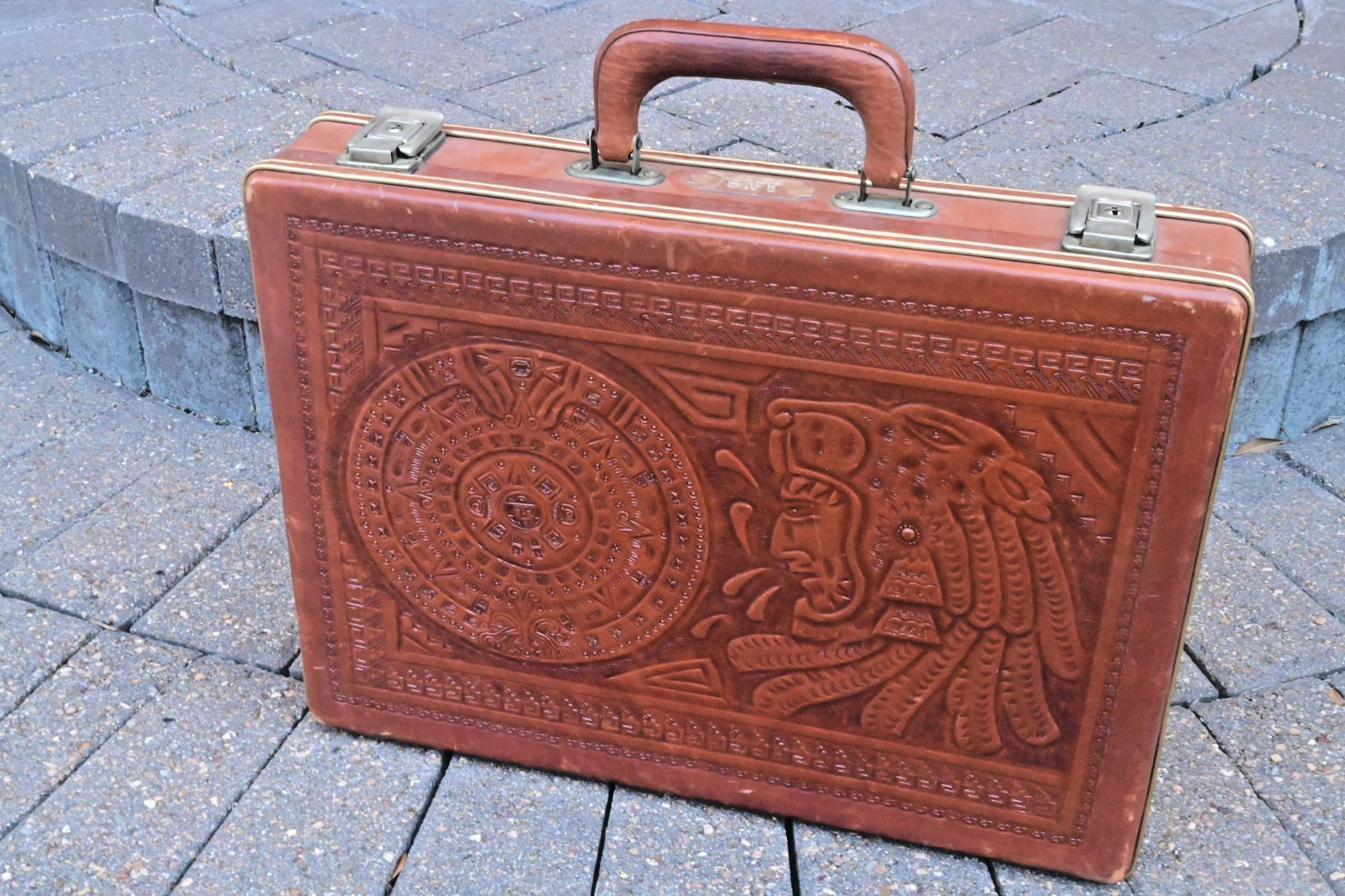 Vintage 80s Handmade Mexican Full Leather Briefcase AZTEC marked FLORES bag