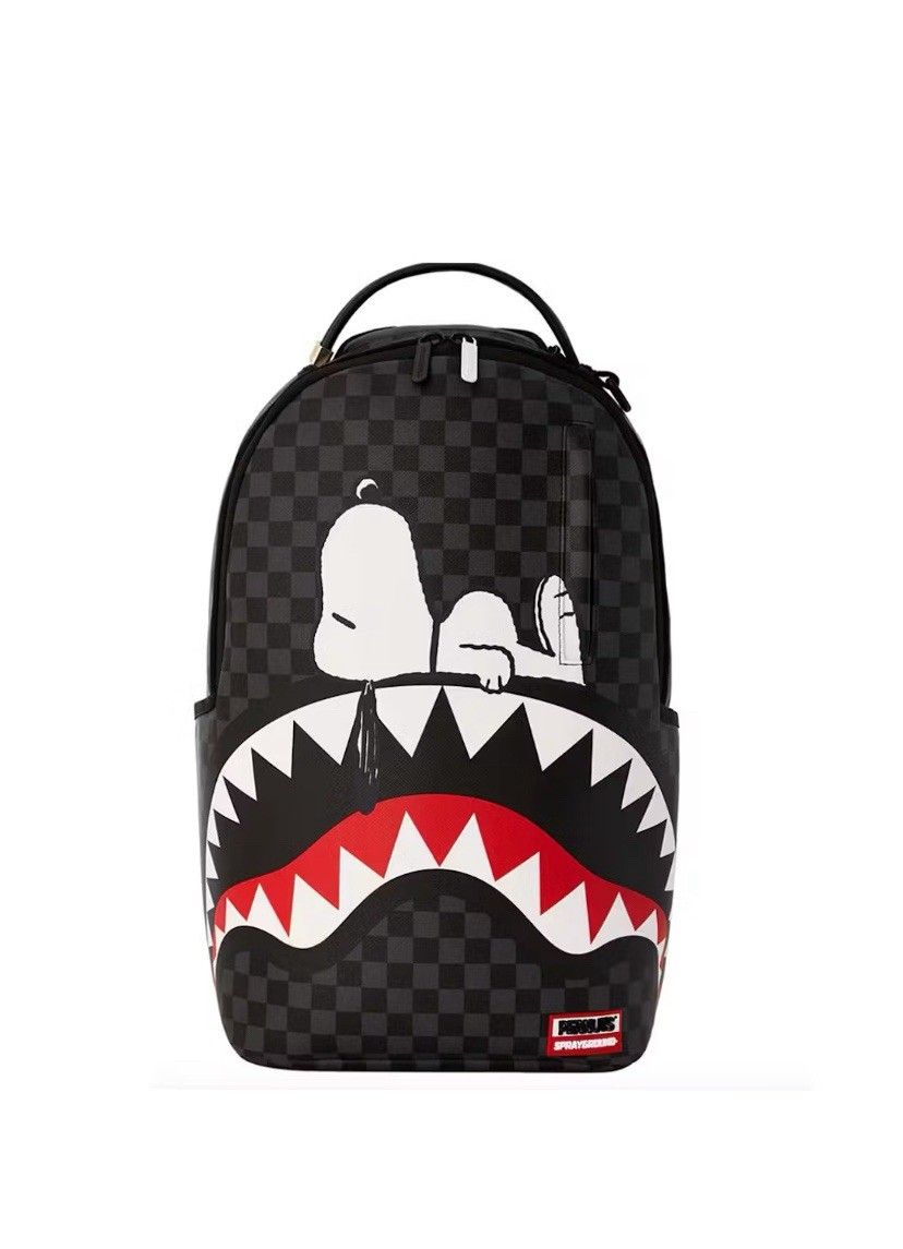 Sprayground Snoopy Shark Mouth Checkered Backpack Black White Red