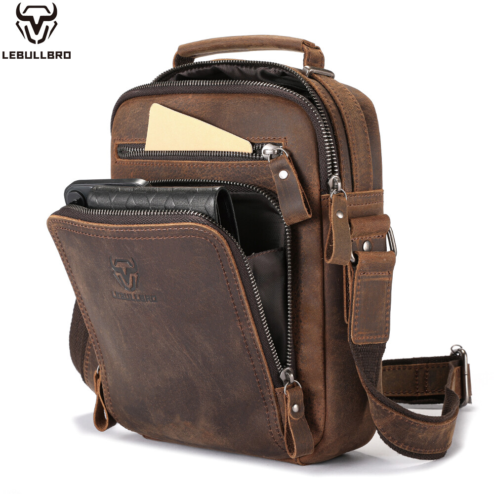 Men’s Genuine Crazy Horse Leather Crossbody Bag Casual Multi-Pocket Shoulder Bag