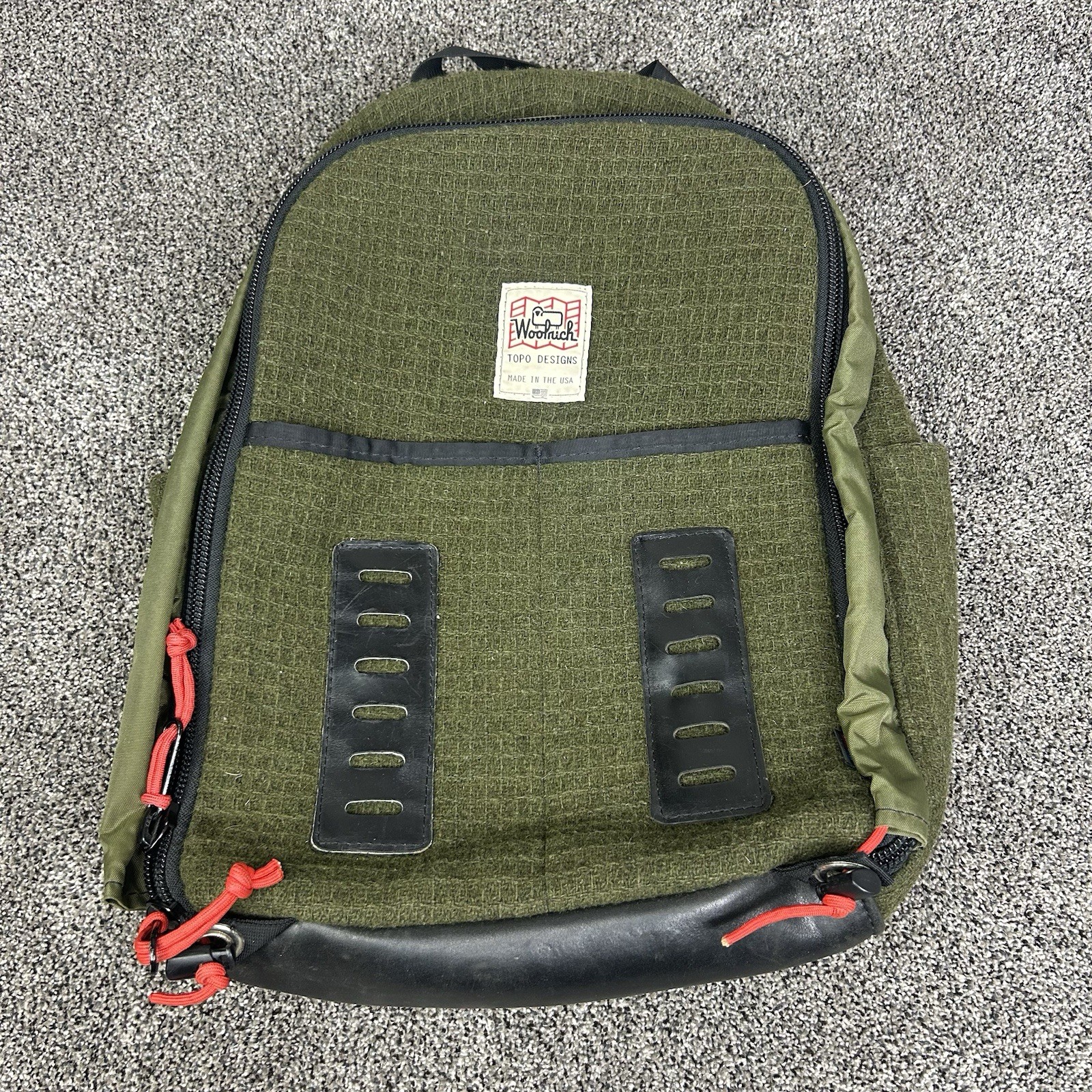 Woolrich Backpack- Vintage-canvas TOPO Design Green Wool Blend Mens 4057 Zip