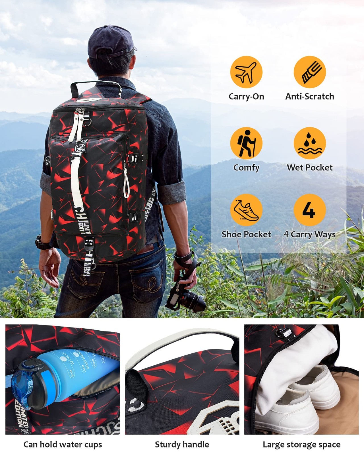 40L Water-Resistant Gym Duffle Backpack | Weekender Travel Sling Bag for Men & W