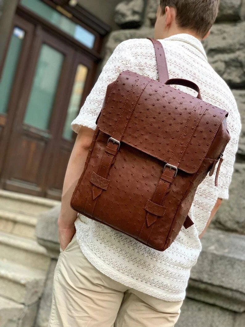 Men’s Backpack GENUINE Ostrich Leather Exotic Luxury Large Black Bag for Laptop