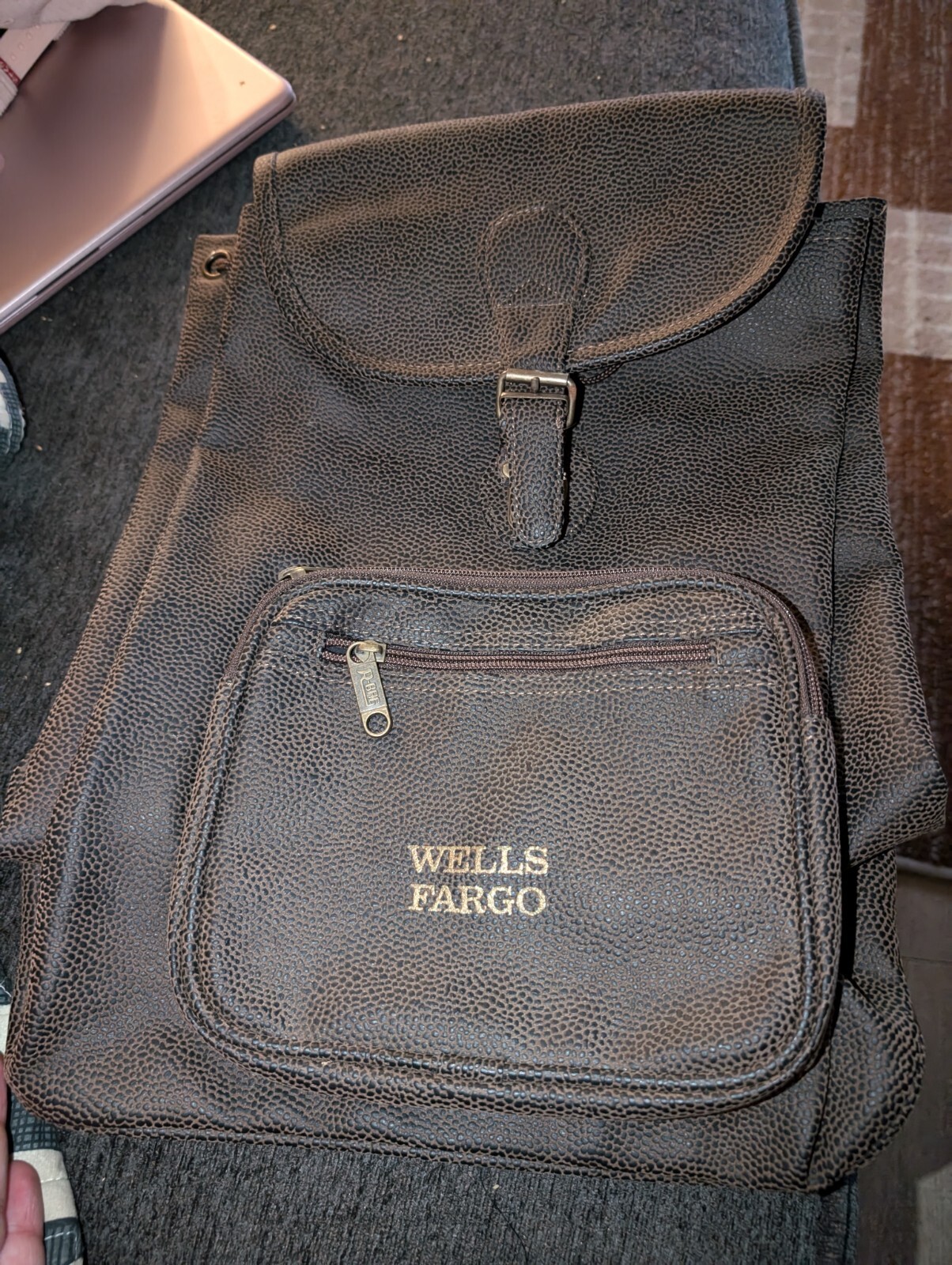 R-Bag Wells Fargo Brown Rubberized Canvas Bank Bag Backpack Book Bag NWOT