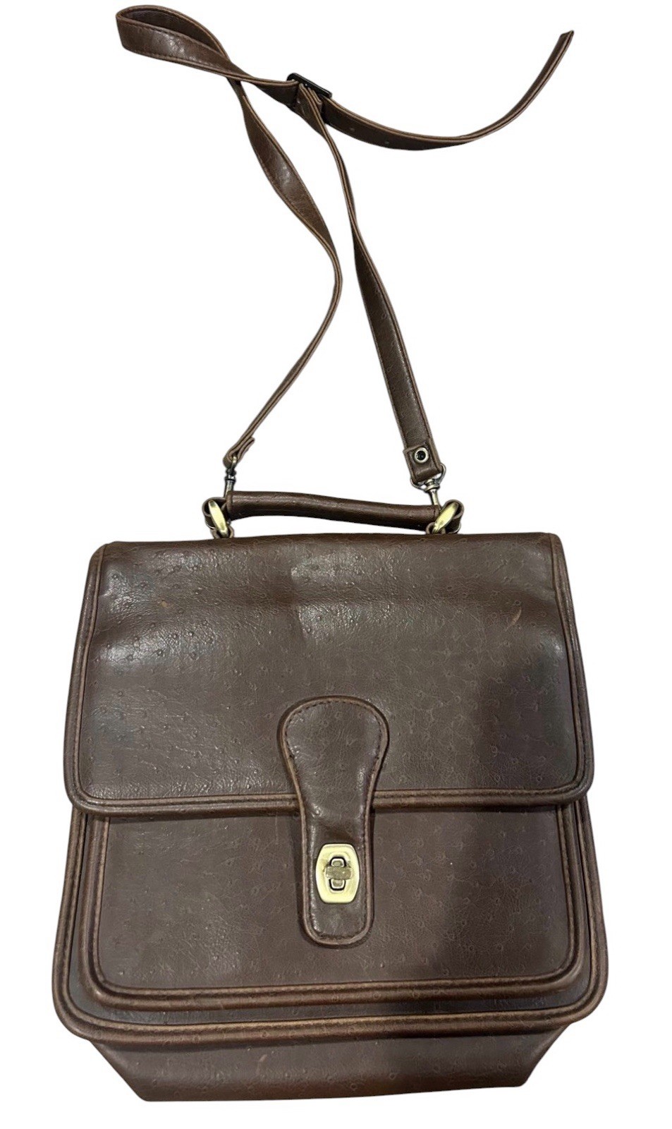 Vintage Brown Crossbody Bag Turn Lock Flap Zip Organizer Adjustable Strap