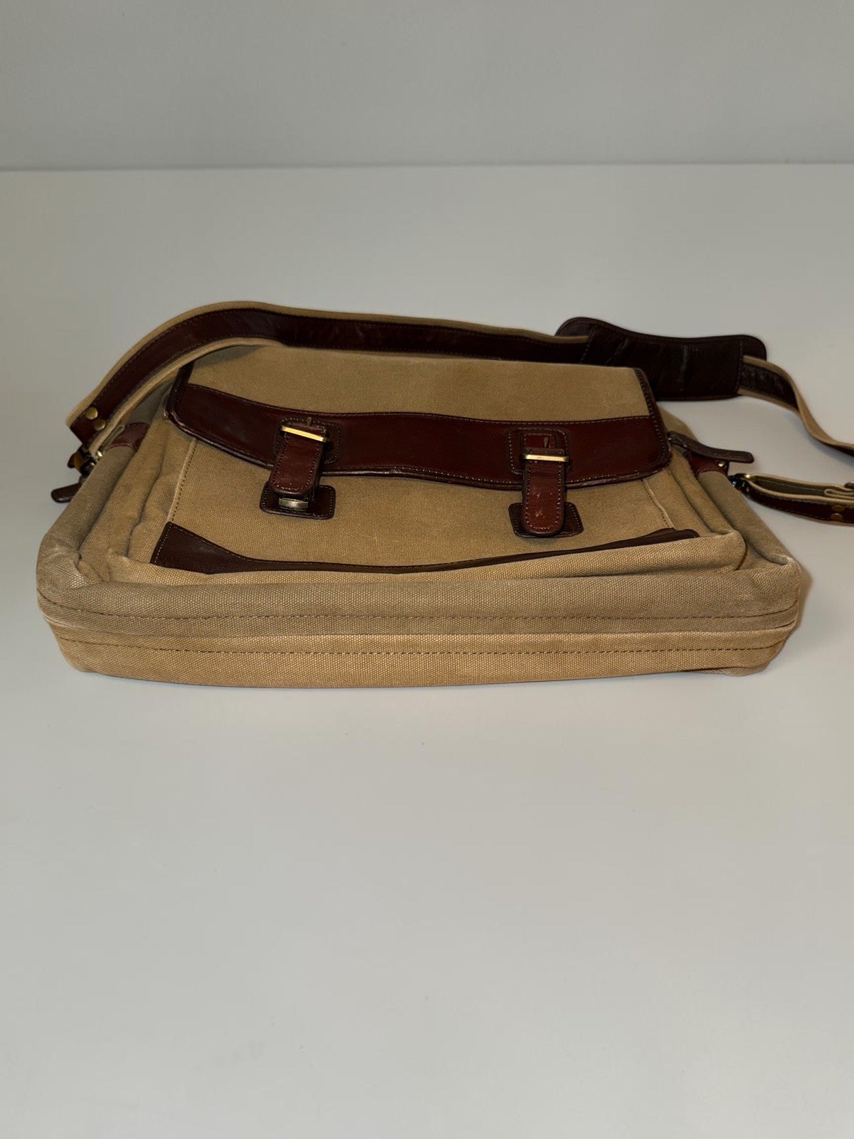 Bosca Leather & Canvas Messenger Bag Briefcase Tan & Brown Attache Laptop Work