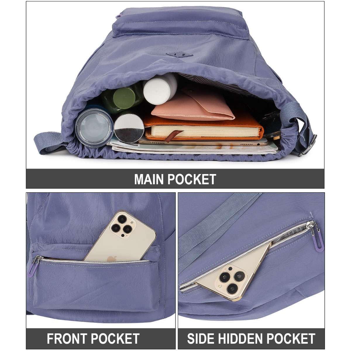 Drawstring Backpack Zipper Side Pocket Sport Gym Waterproof Cinch Sack Pack Bag