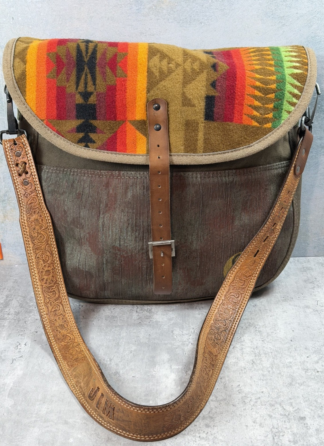 Vintage Army Military Newspaper Bag Upcycled Southwestern Wool Canvas 16×13 OOAK