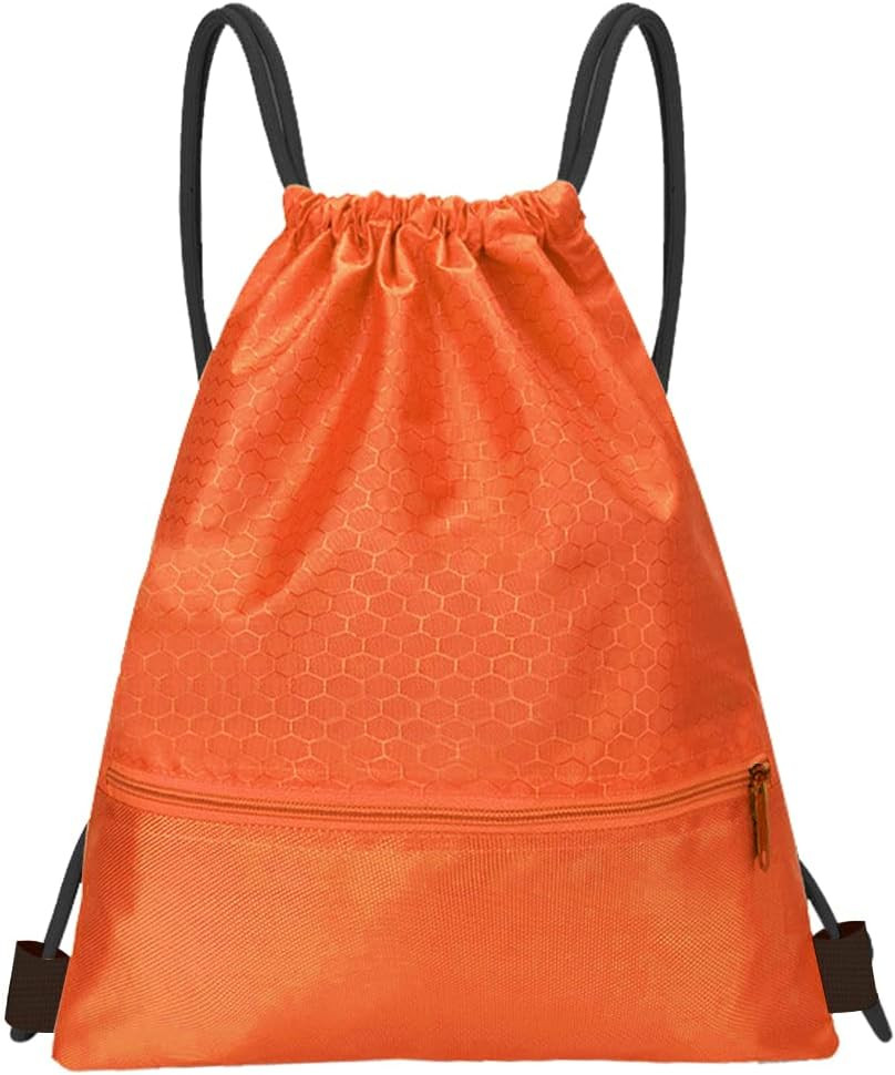 Drawstring Backpack Bag, Waterproof Draw String Back Sack with Zip Pocket, Gym D