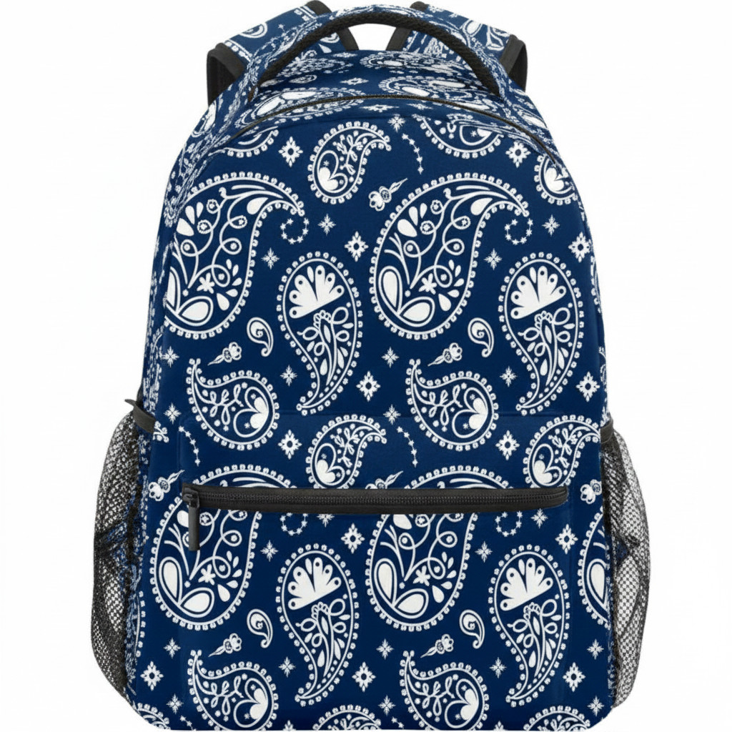 Stylish Blue & White Paisley Pattern Backpack School Travel Daypack Bag 16in