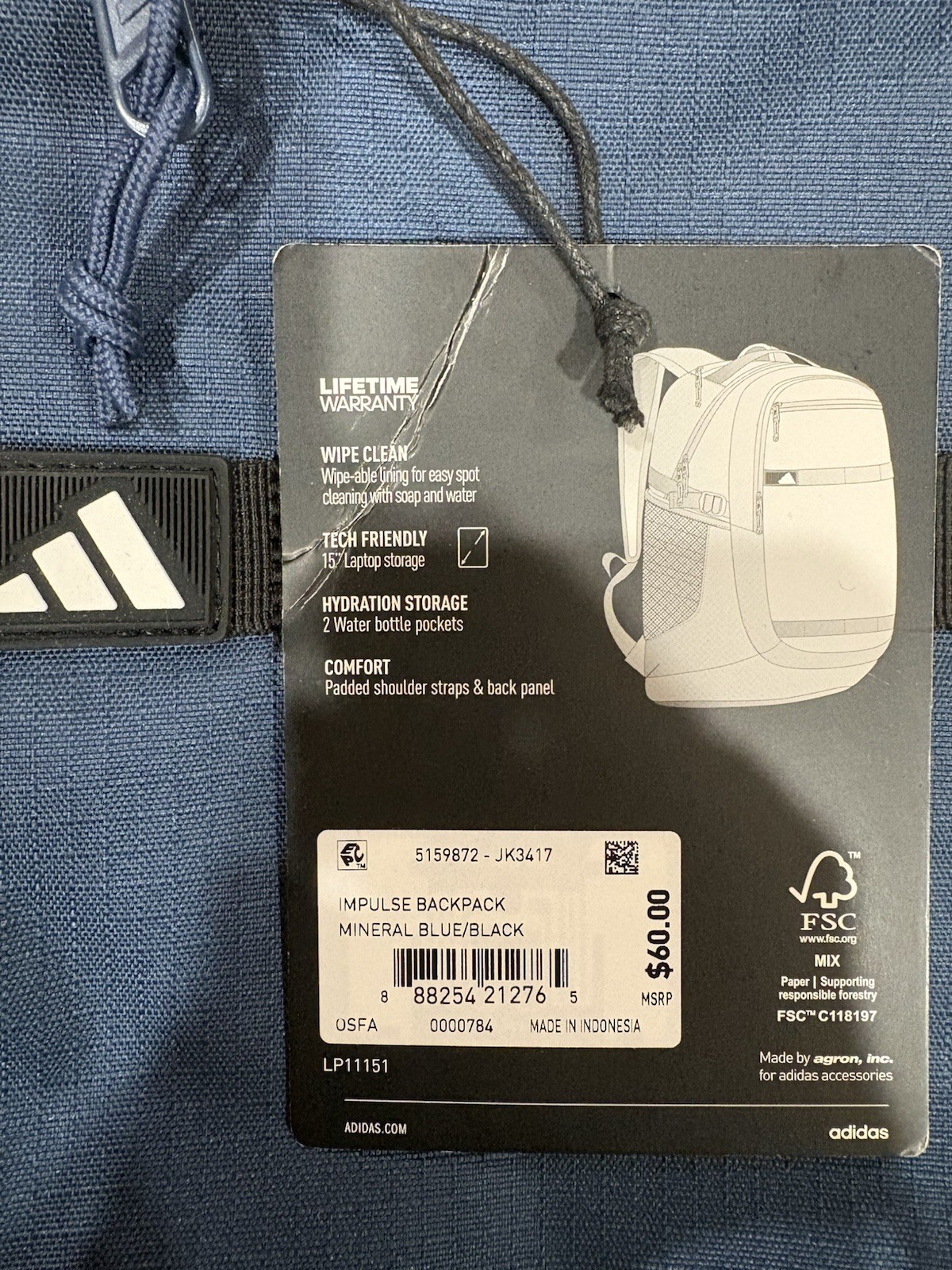 Adidas Impulse Backpack Mineral Blue W/ Hydration Storage And Tech Friendly NWT