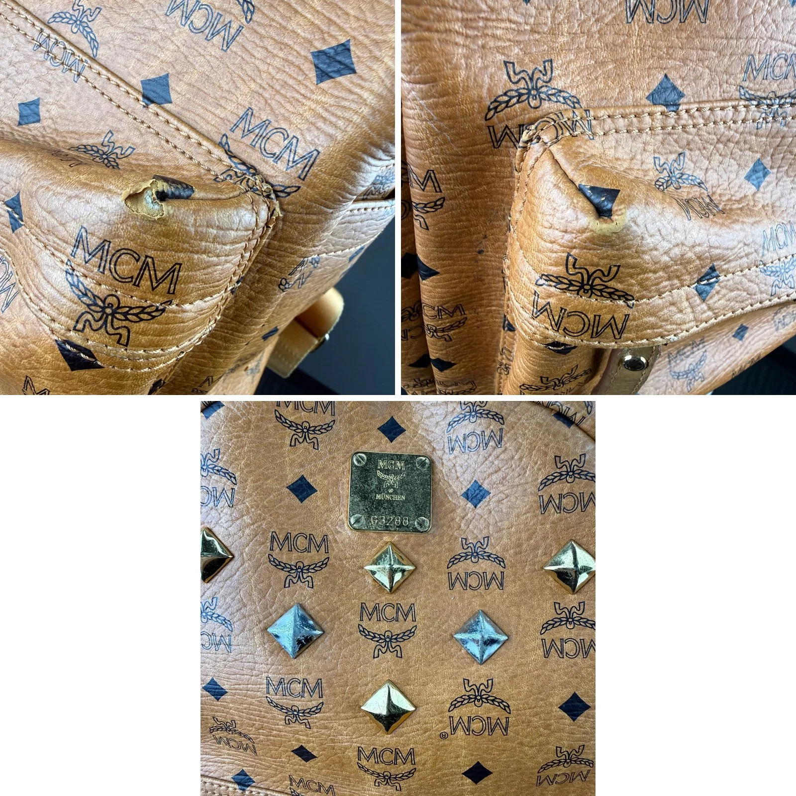 Authentic MCM Stark Studded Backpack Cognac Visetos
