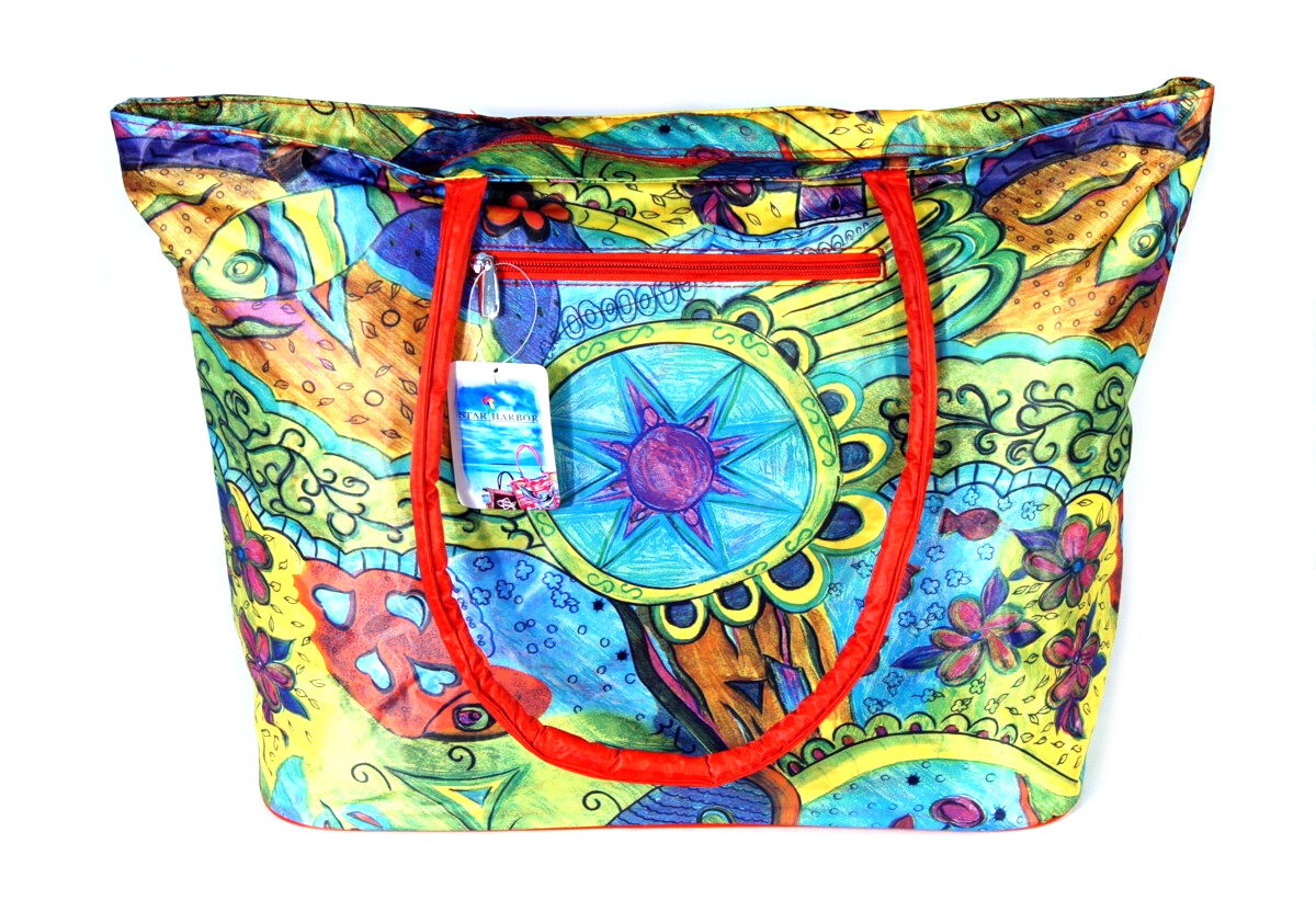 Large Star Wheel Tropical Fish Flower Beach Bag 21.5 x 16 x 7″ 420C