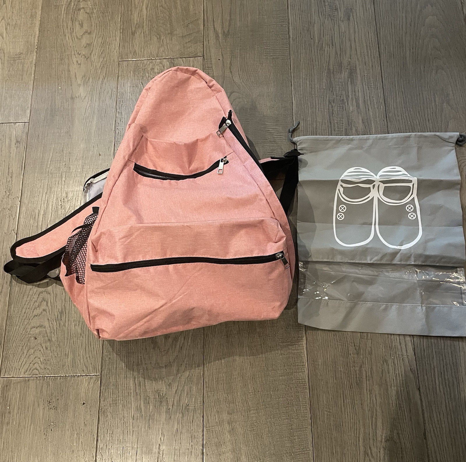 Pink Sling Backpack Crossbody Bag, Zipper Closure, Adjustable Strap, Mesh Pocket