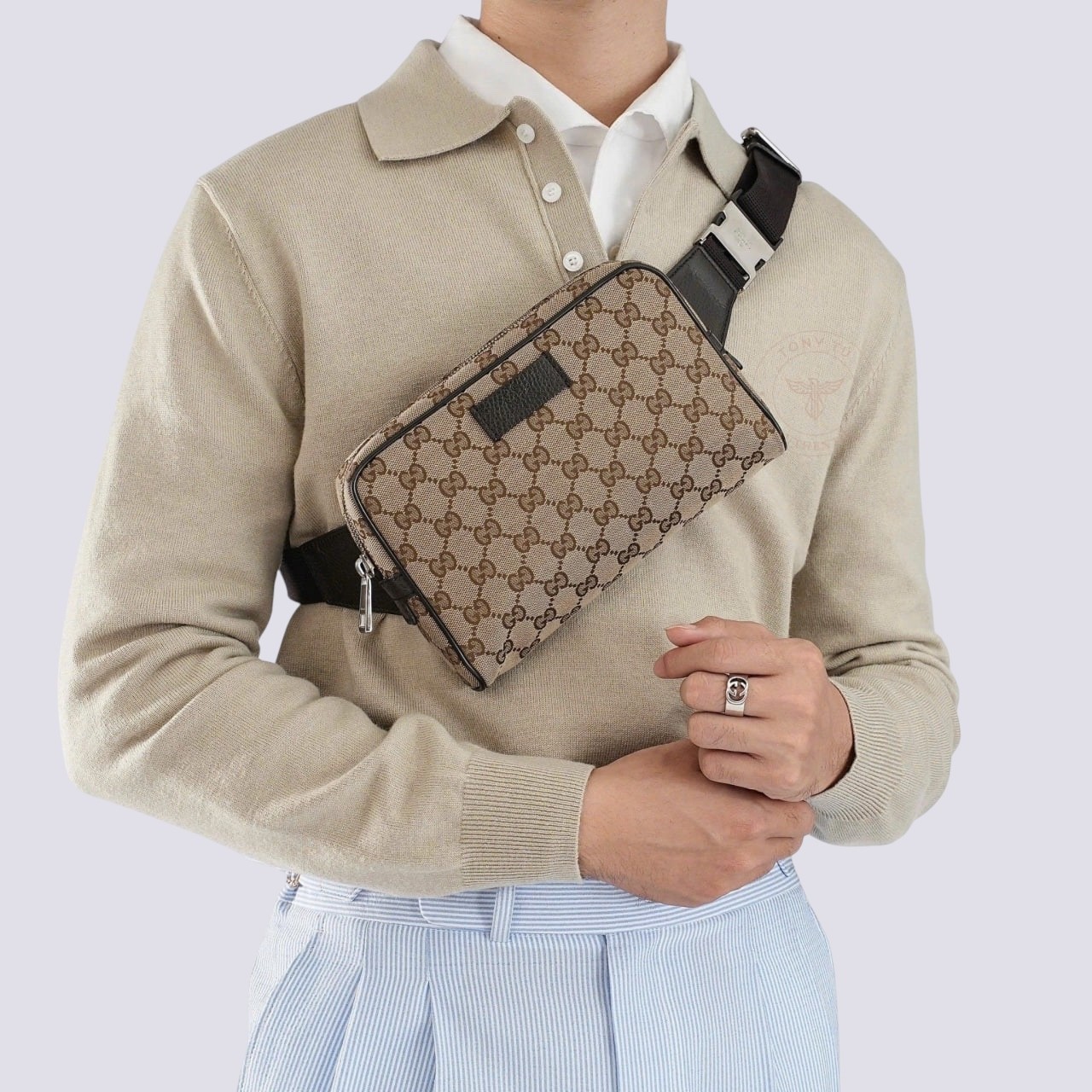 Gucci GG Monogram Signature Canvas Messenger Crossbody Belt Bag Beige 449174