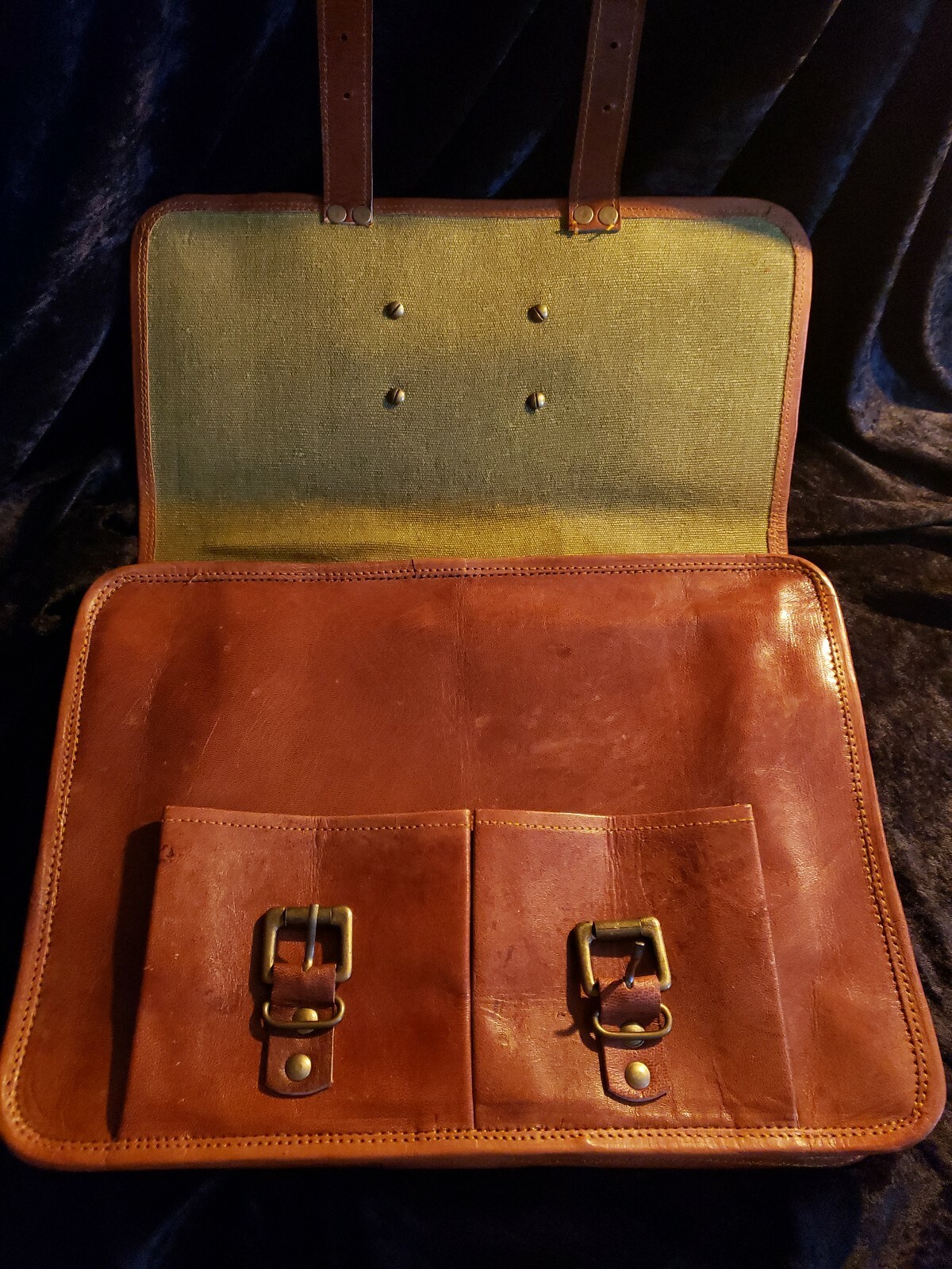 One of a Kind Genuine Leather Messenger bag with Strapped Cylinder Flask