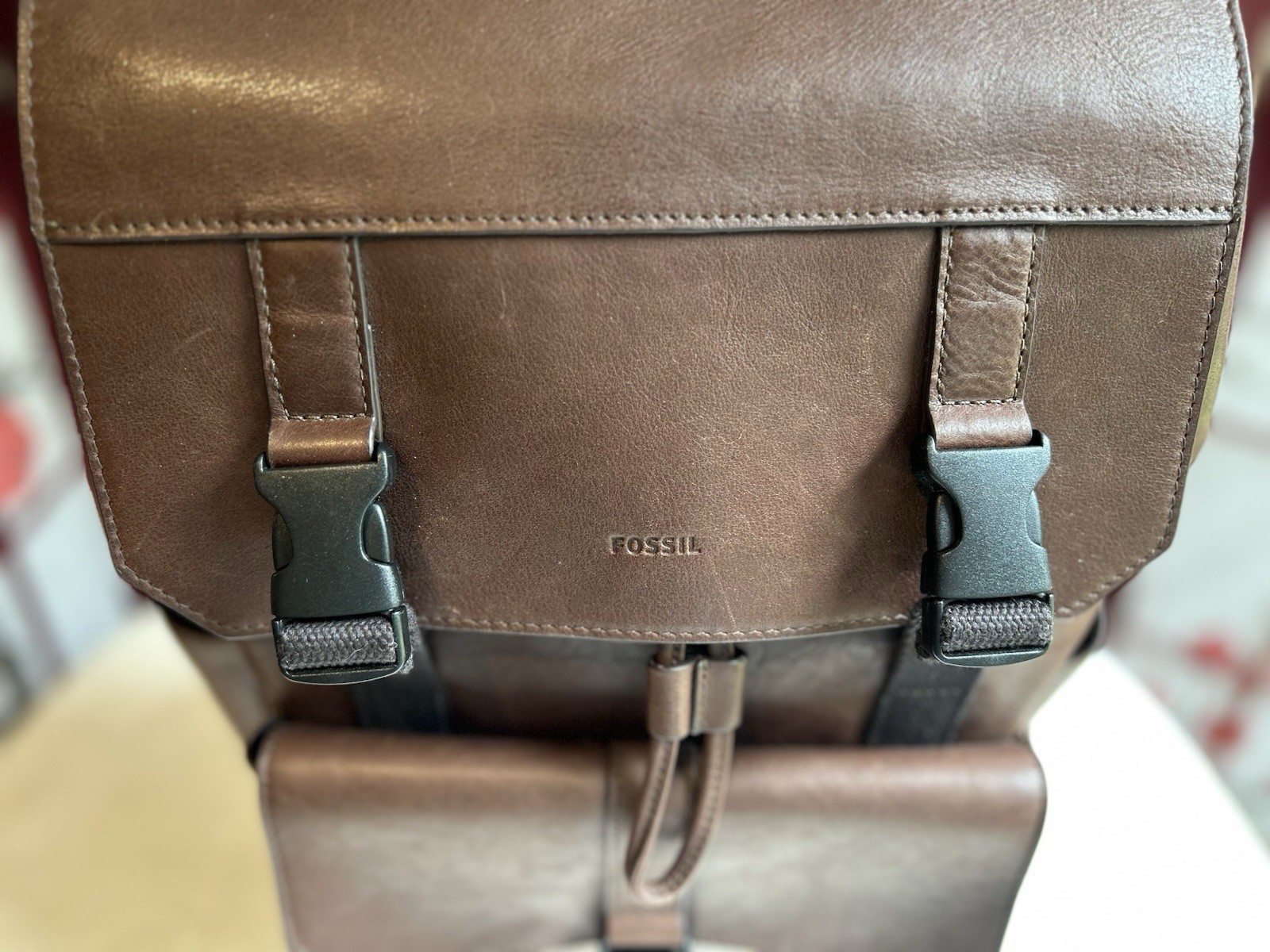 Fossil Brown Backpack Drawstring Flap Buckle Top Handle Outer Pockets Laptop